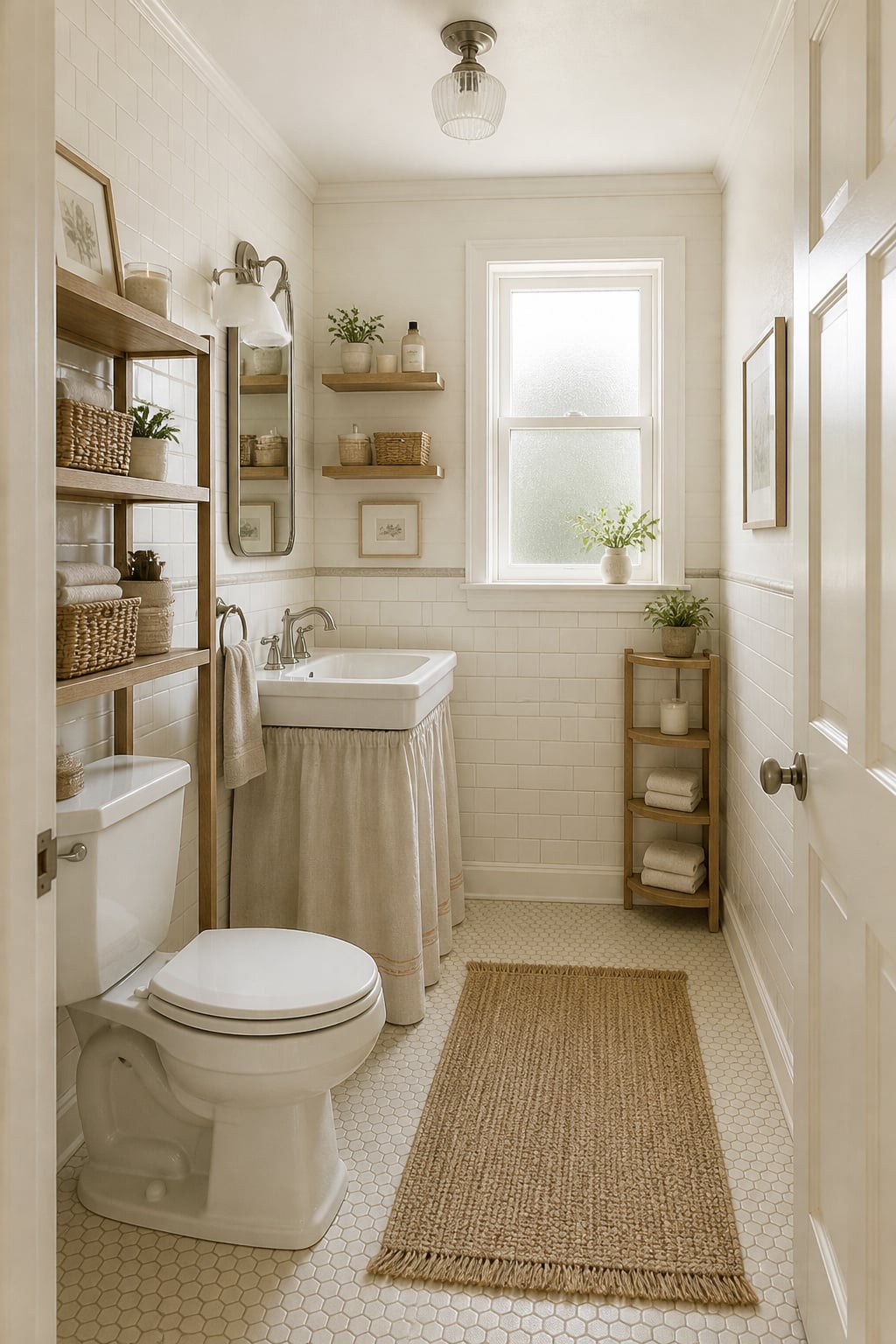 Fully organised small bathroom showing over-toilet etagere, pedestal sink with skirt, styled floating shelves, and corner unit — the complete small bathroom storage setup