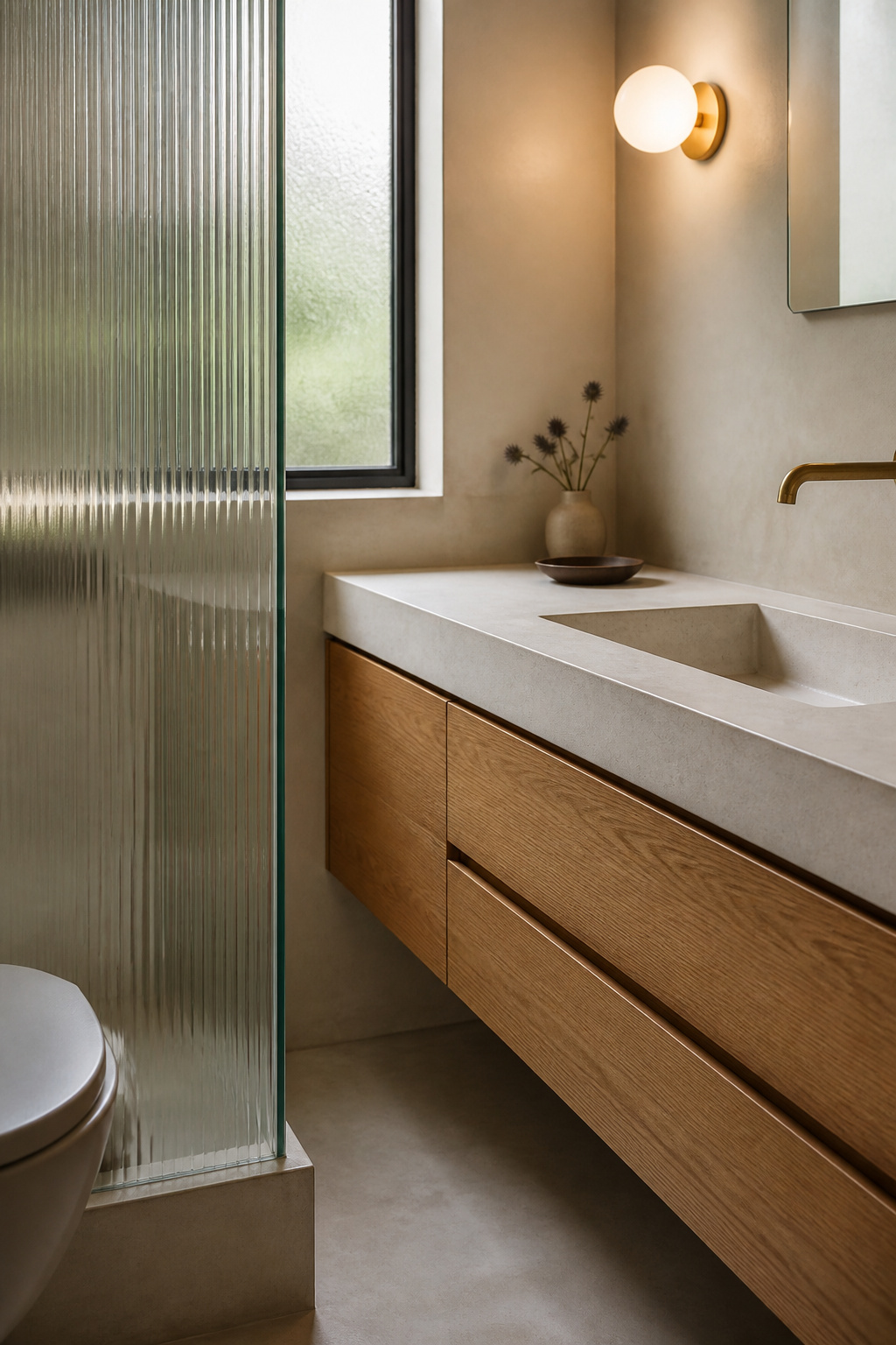 Compact modern bathroom corner showing a fluted glass shower partition beside a single-sink floating oak vanity with a long matte porcelain counter