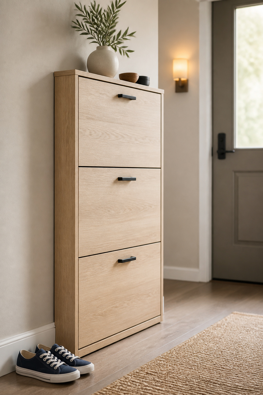 Slim pale-oak shoe cabinet with matte black hardware fitted against a narrow apartment entryway wall