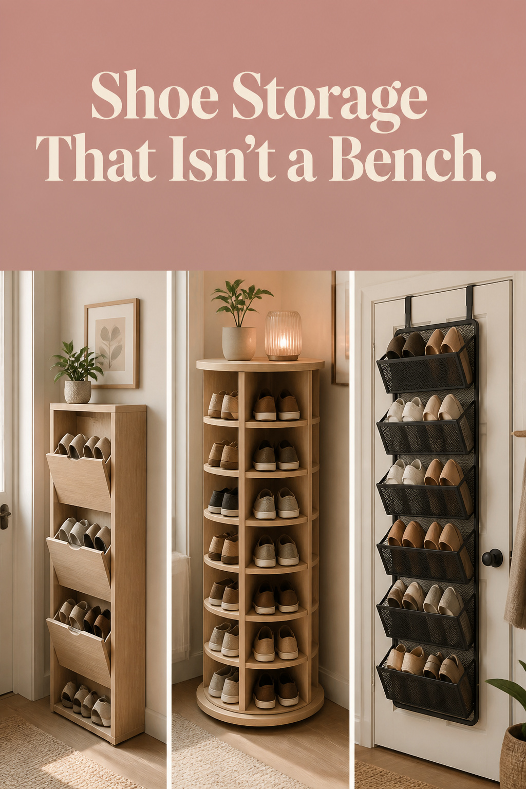 Pinterest collage of three small-space shoe storage ideas: slim cabinet, rotating carousel, and over-door organizer