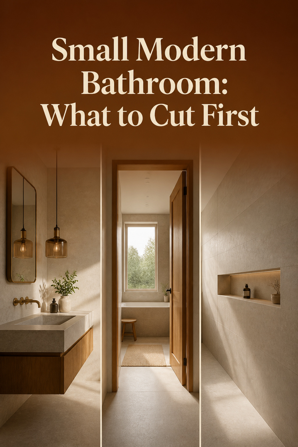Pinterest collage of a small modern bathroom showing a floating vanity, a doorway sightline past the toilet, and an unbroken microcement wall, over a burnt amber text band