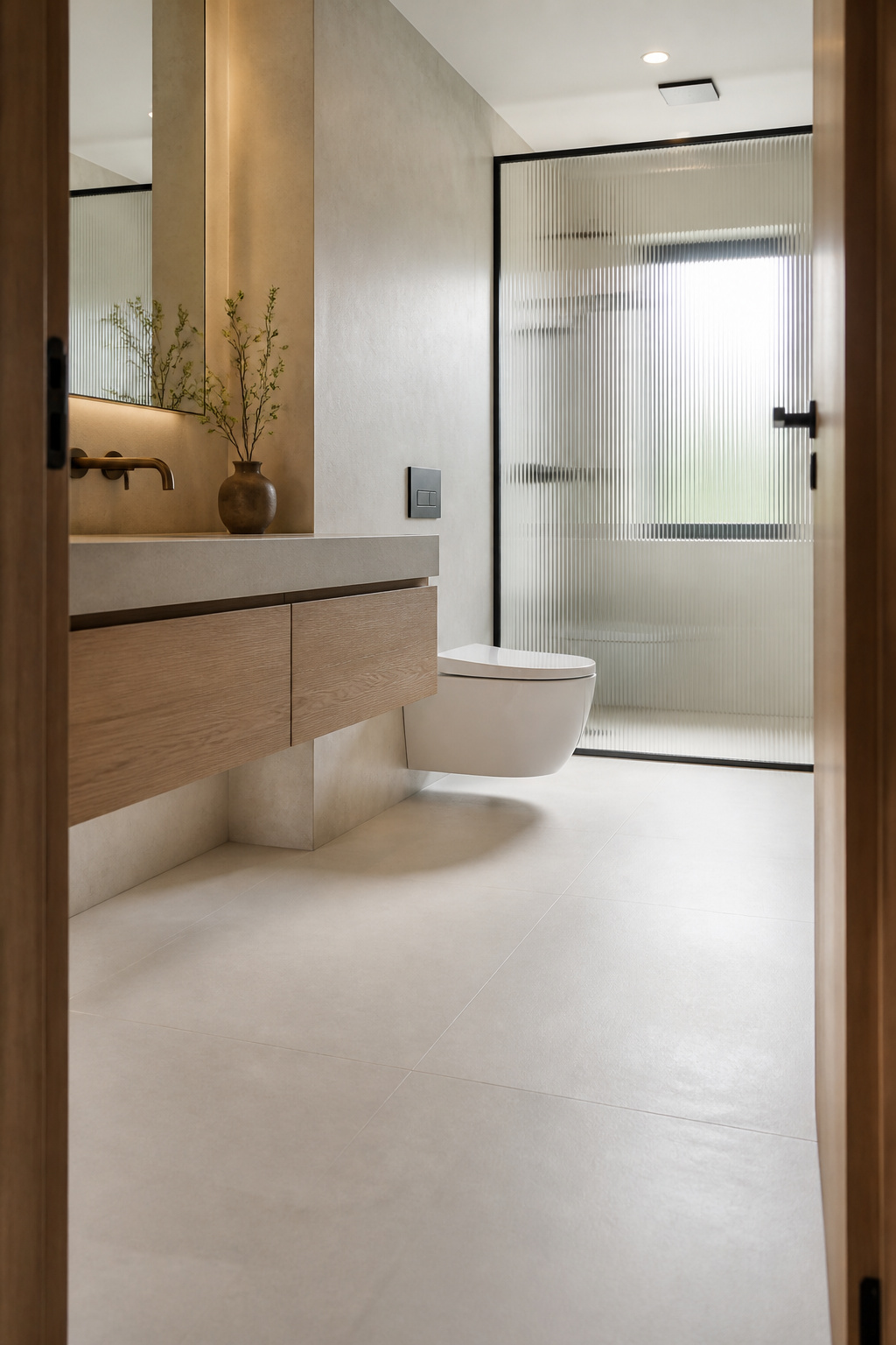 Small modern bathroom with visible floor beneath a floating oak vanity and wall-hung toilet against a bone microcement wall
