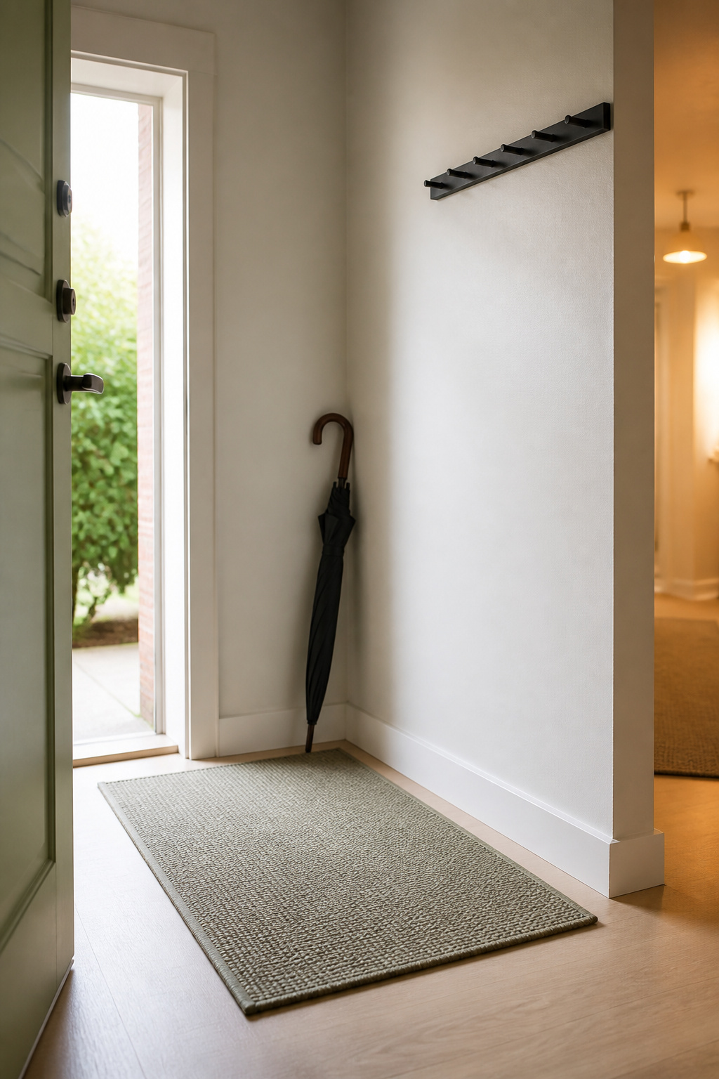 Narrow apartment entry with a small sage runner rug and matte black wall hook rail marking the threshold