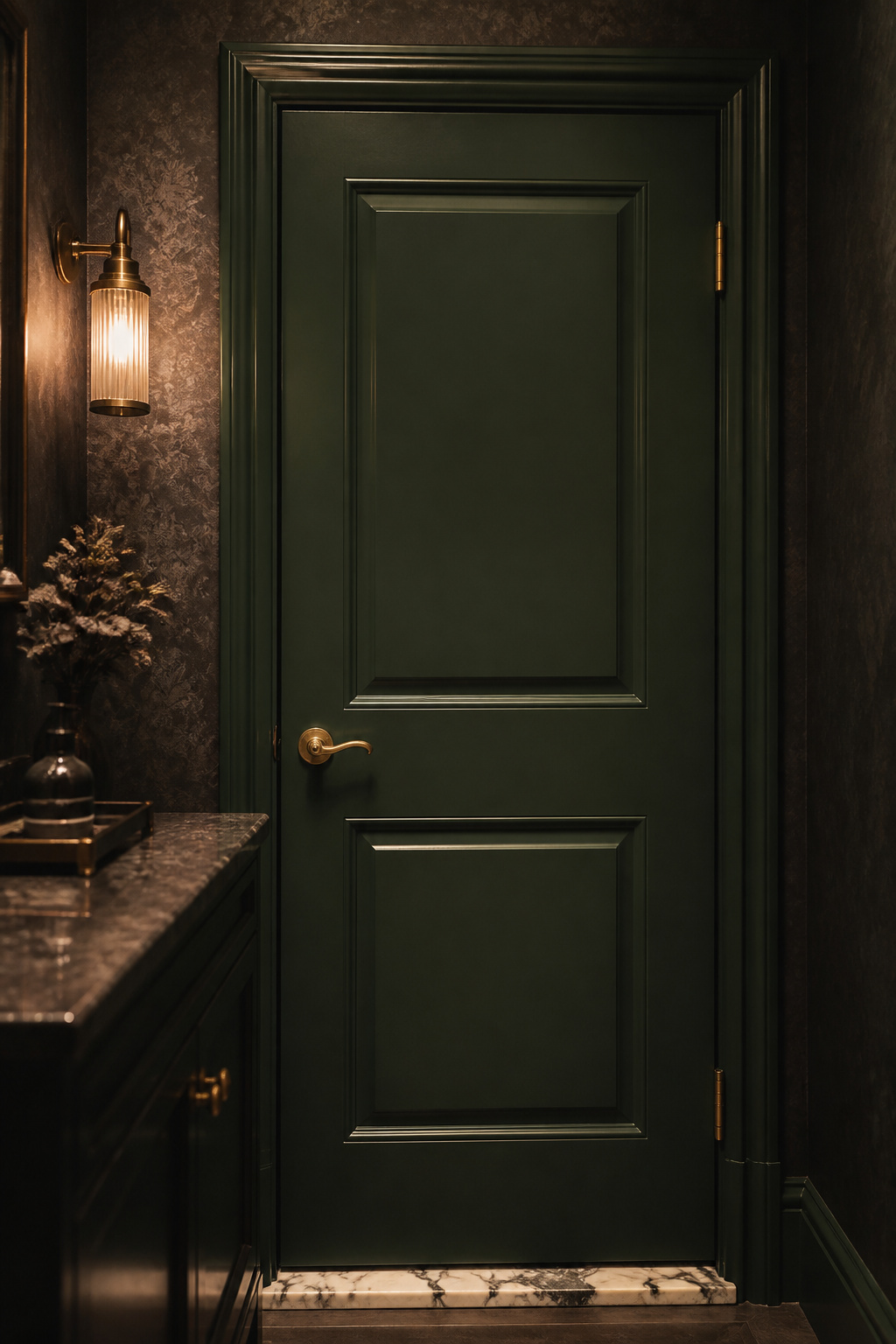 Closed solid-core powder room door in a forest-green frame with antique brass lever handle