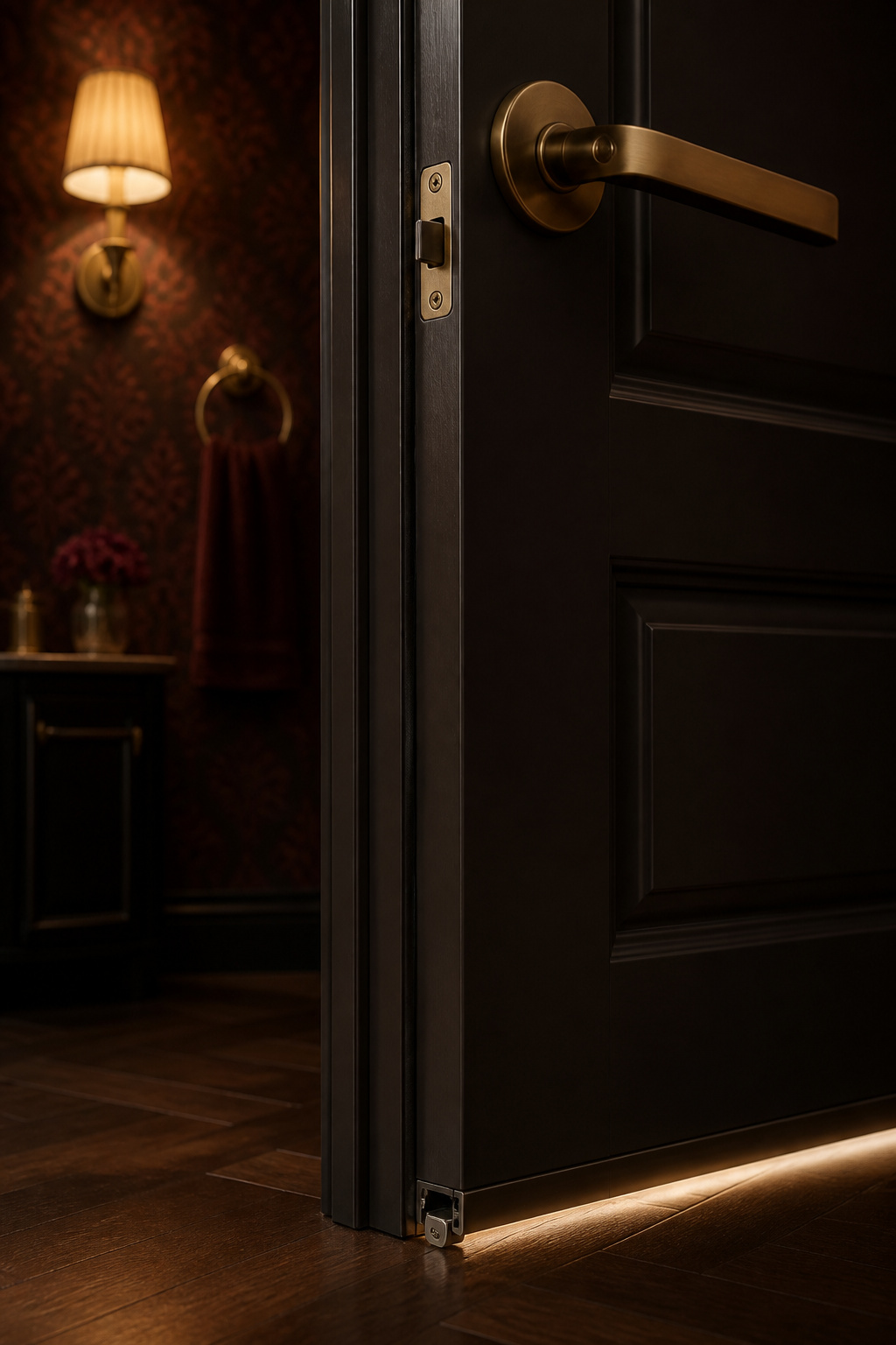 Solid-core powder room door edge showing a compression weatherstrip seal along the jamb