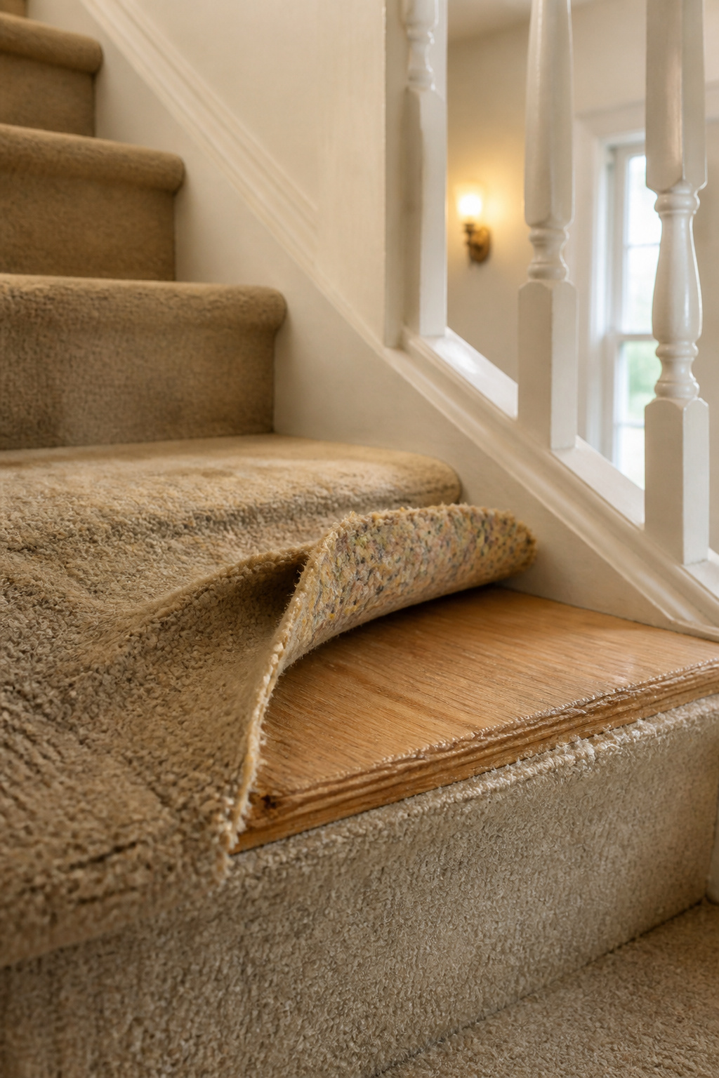 A corner of stair carpet peeled back to reveal raw pine wood underneath before full removal