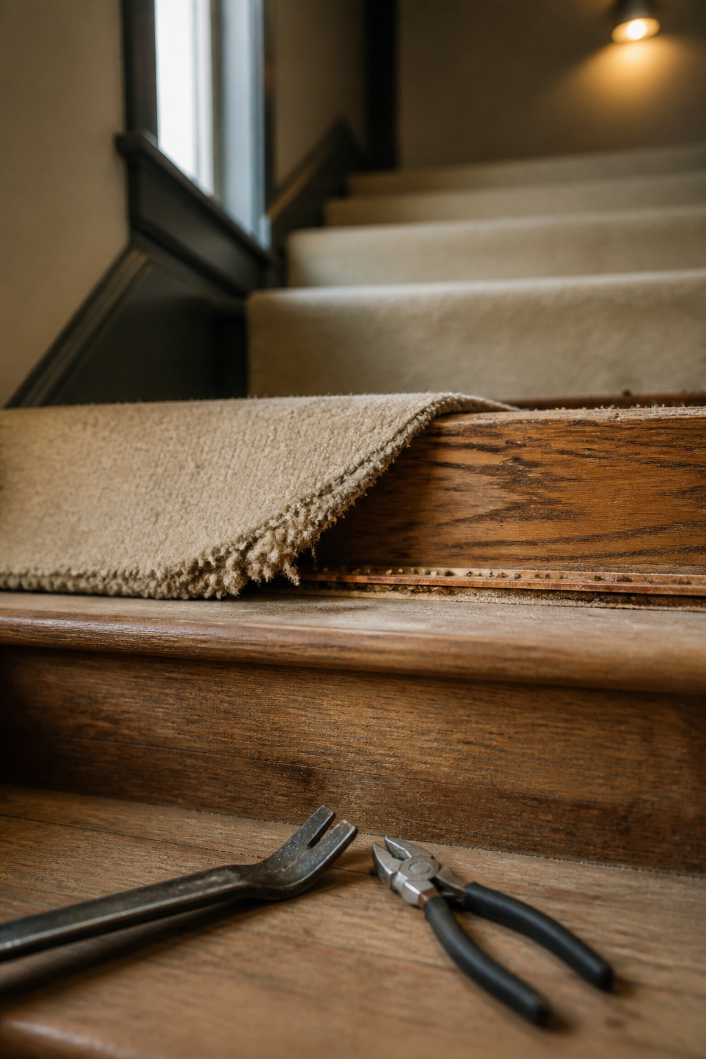 Stair tread half-covered in old carpet and half revealed to bare wood with an exposed tack strip and pry bar