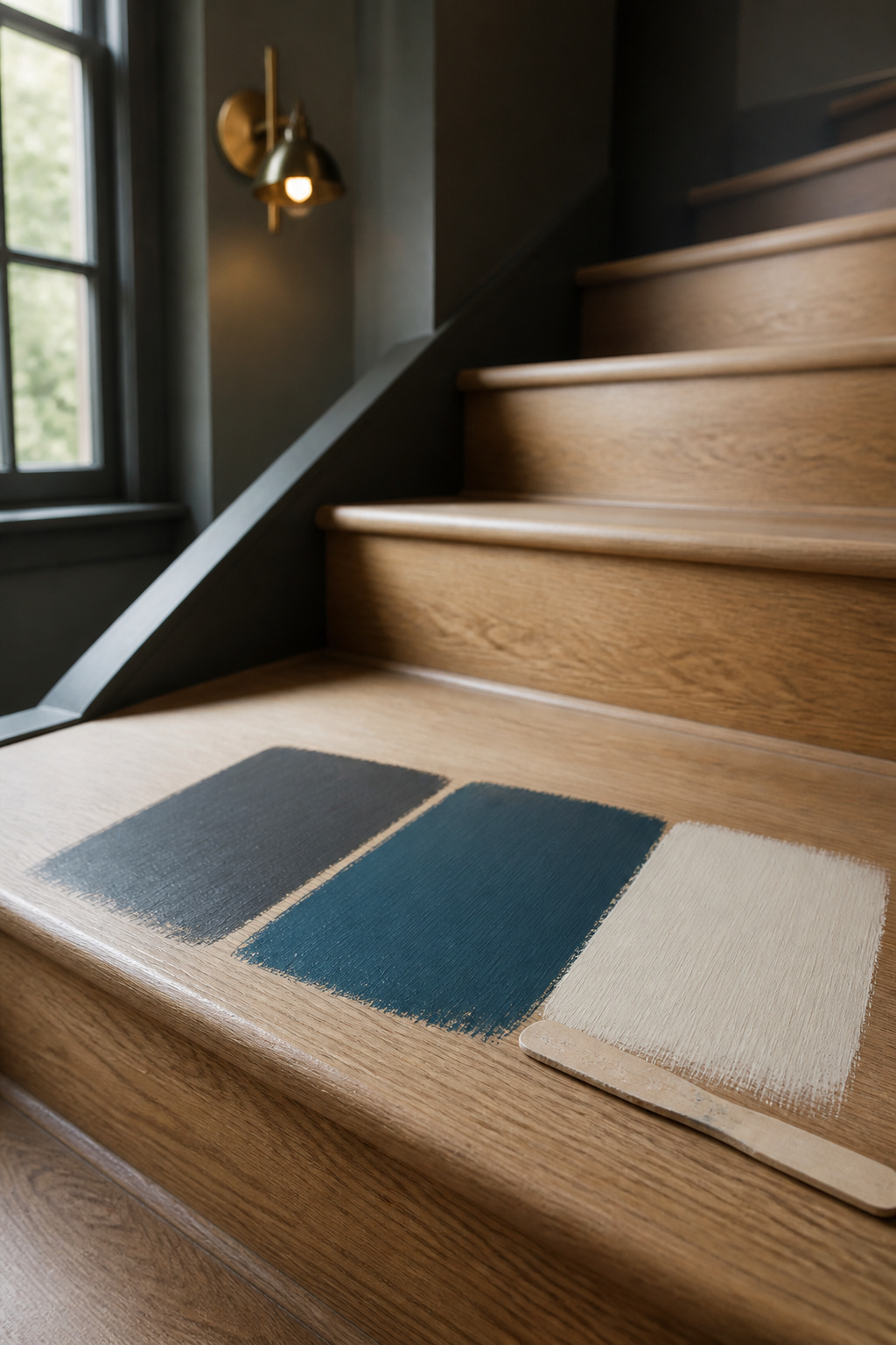 Three paint sample swatches in charcoal, blue-green and warm white brushed onto a wooden stair tread for testing