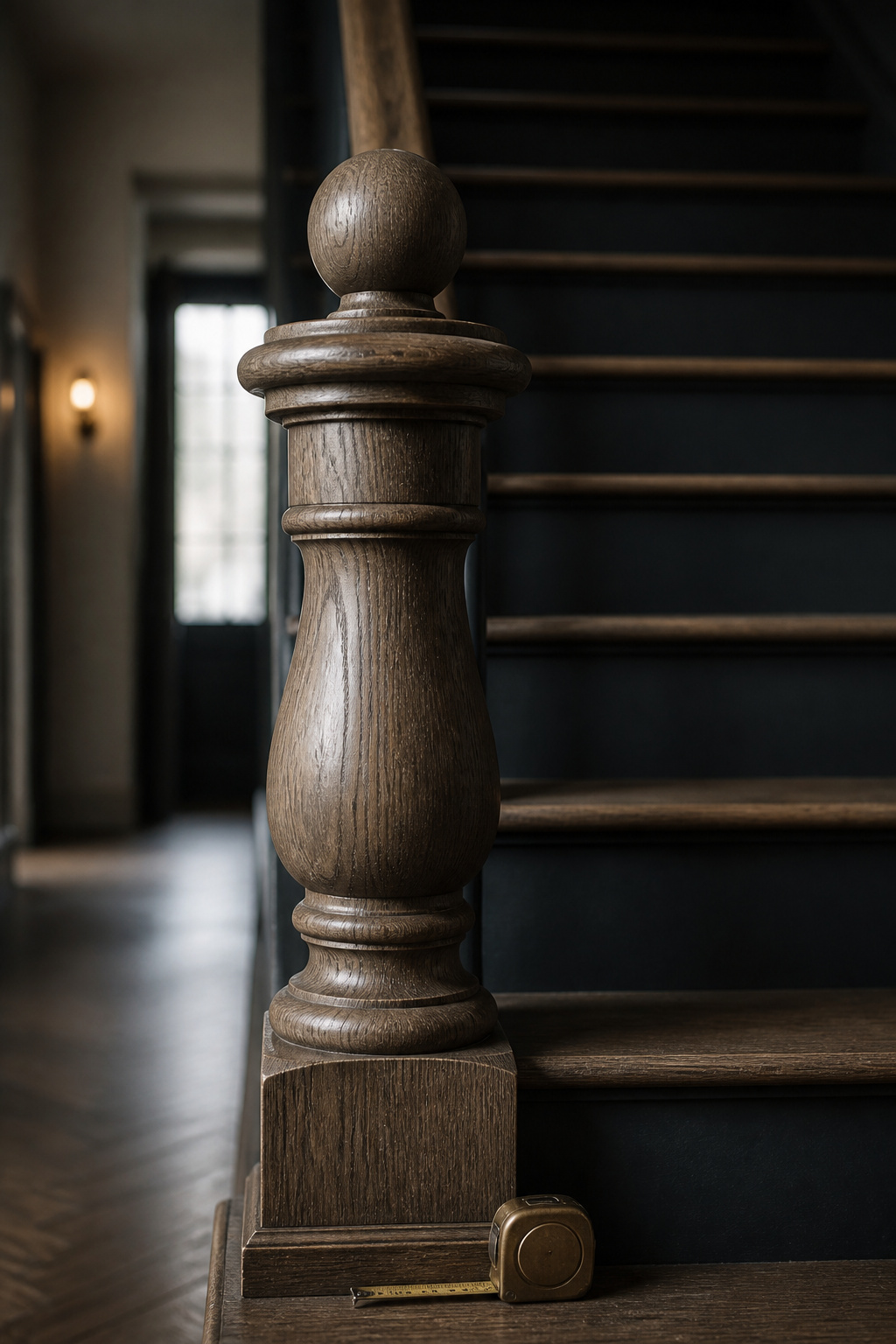 Close-up of a turned oak newel post at the base of a staircase, showing tight wood grain and a tape measure for dating the piece