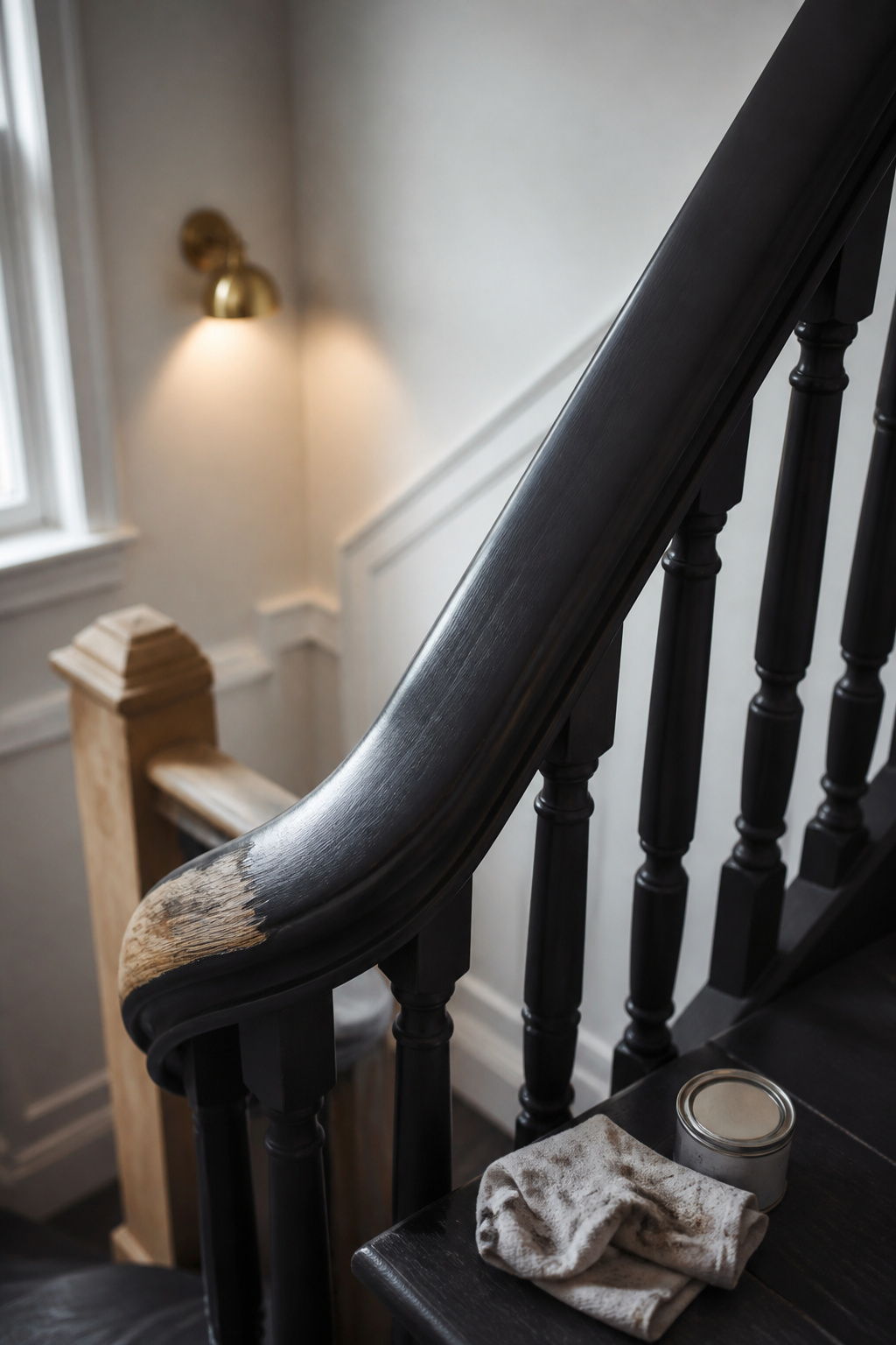 Staircase handrail mid-makeover, half painted charcoal and half stripped back to natural oak grain, primer tin on the step