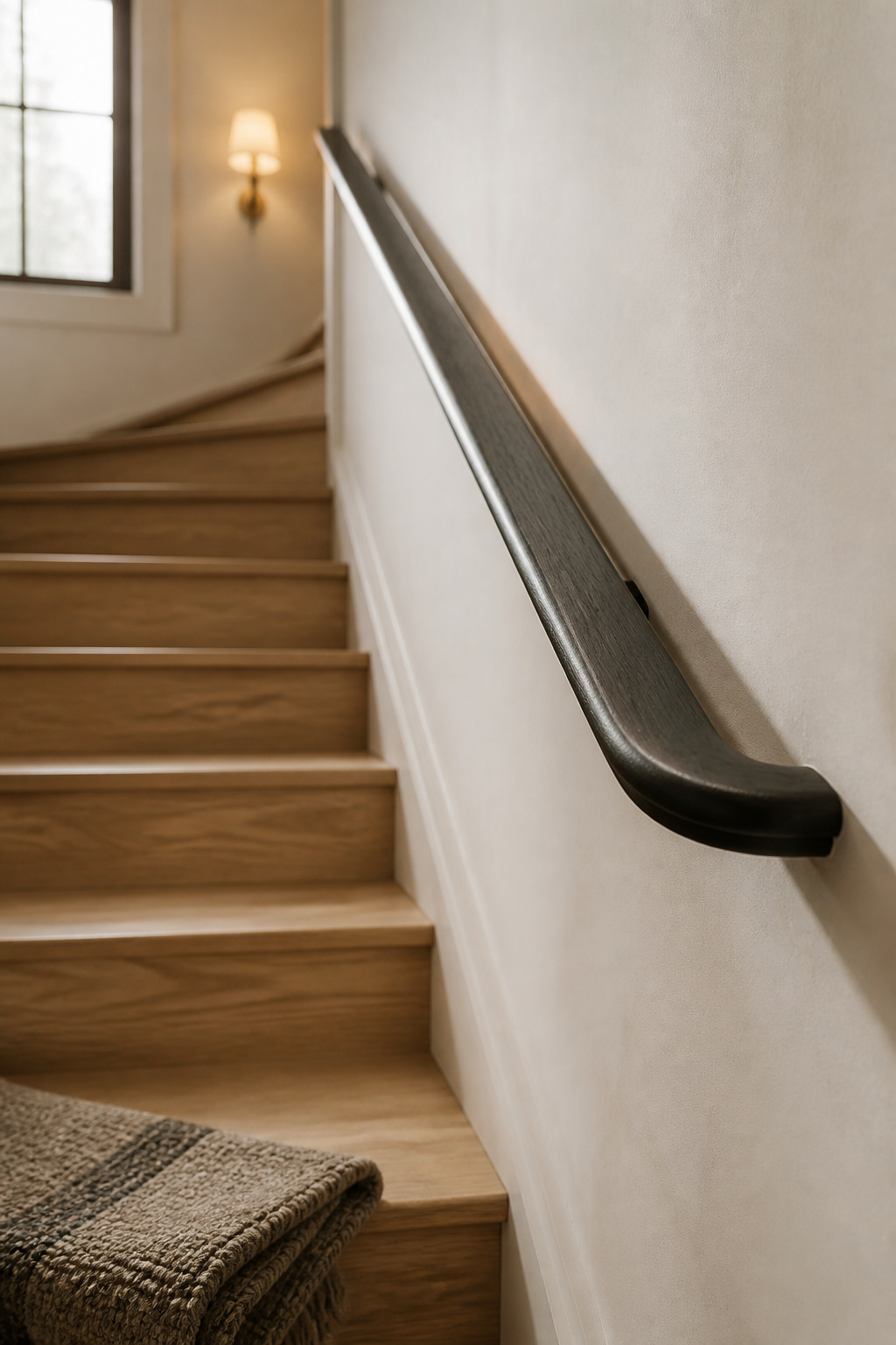 Staircase with charcoal handrail, natural oak treads and warm white wall shown coordinated together, wool runner sample on the bottom step