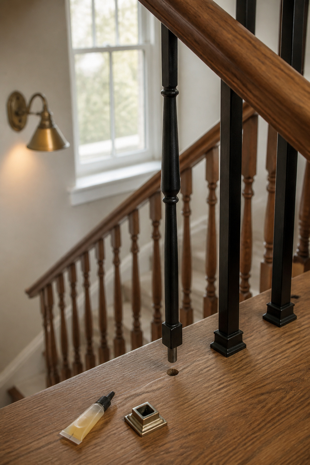 Black iron stair balusters being installed into a natural oak handrail, epoxy and brass base shoe visible on the tread