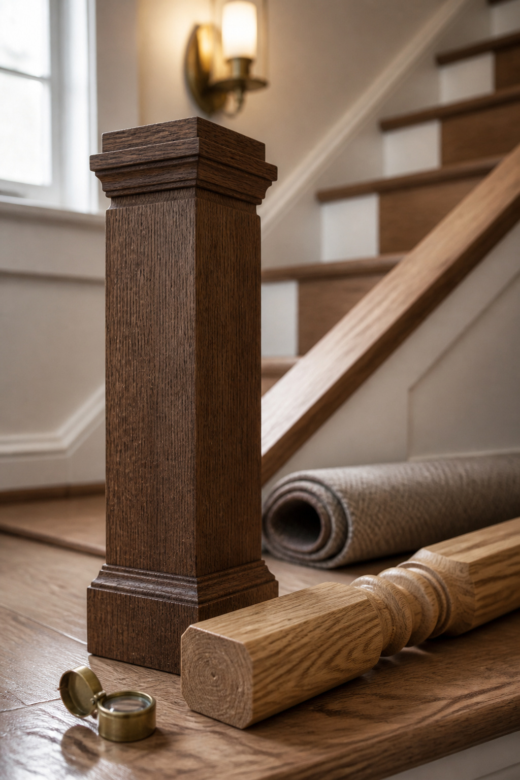 Old-growth oak newel post beside a lighter, wider-grained builder-grade baluster, showing the grain contrast used to judge restoration value