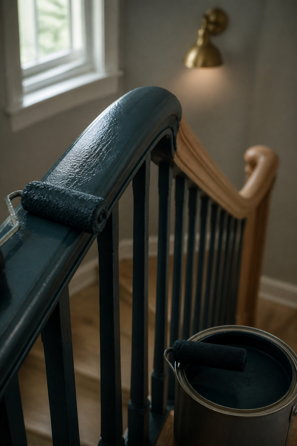 Stair handrail being painted deep blue-green with a foam roller, paint can and brush resting nearby