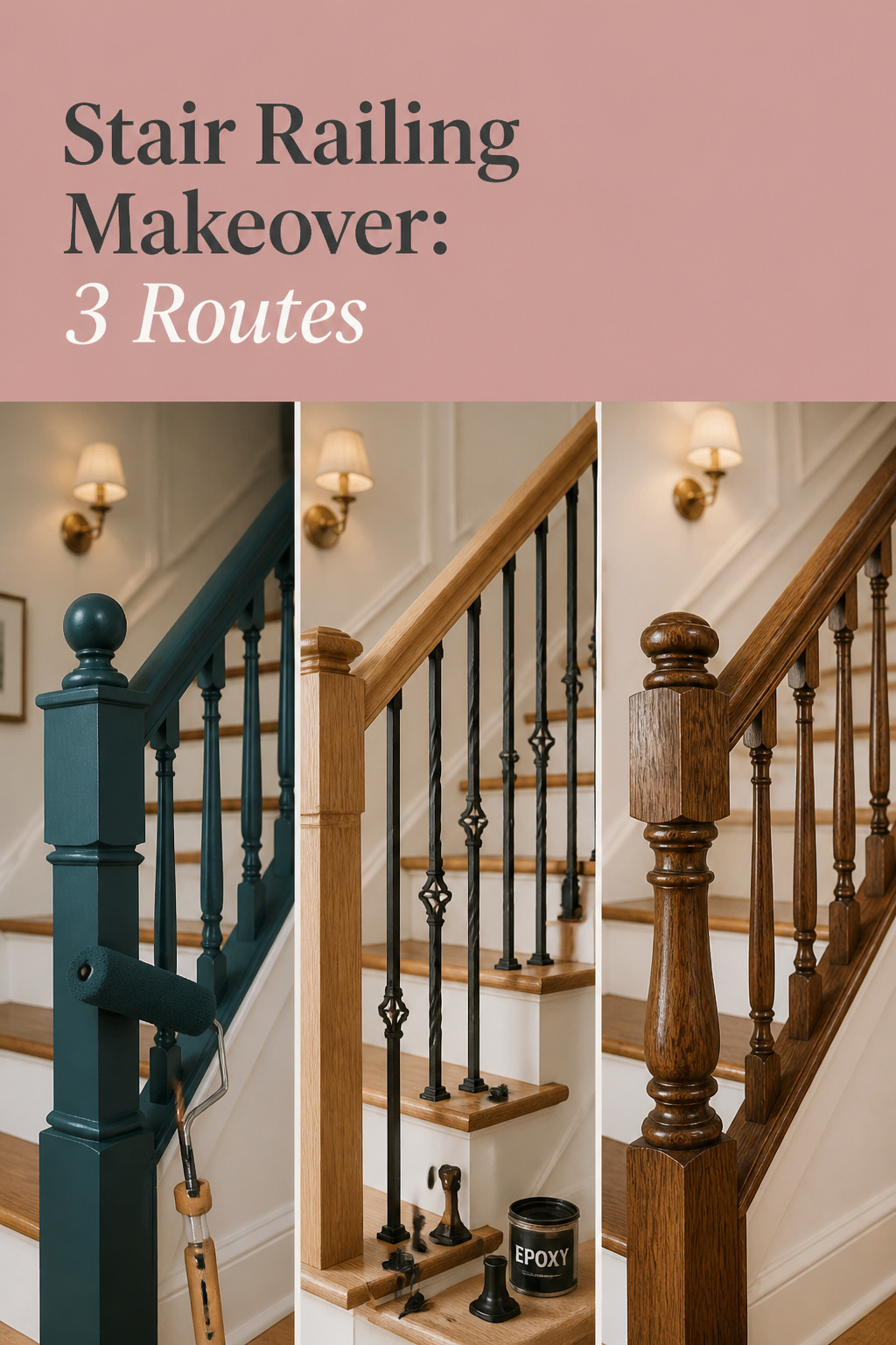 Pinterest pin collage of three stair railing makeover routes: painted blue-green rail, iron baluster swap, and stripped refinished oak handrail