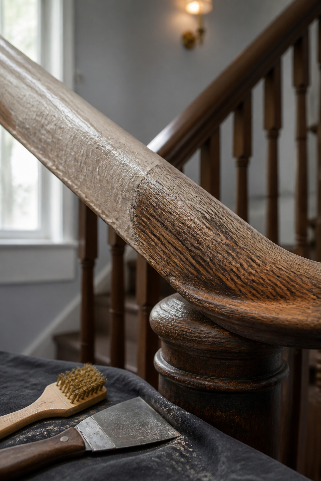 Old-growth oak stair handrail with chemical stripper applied, partially scraped back to show rich wood grain