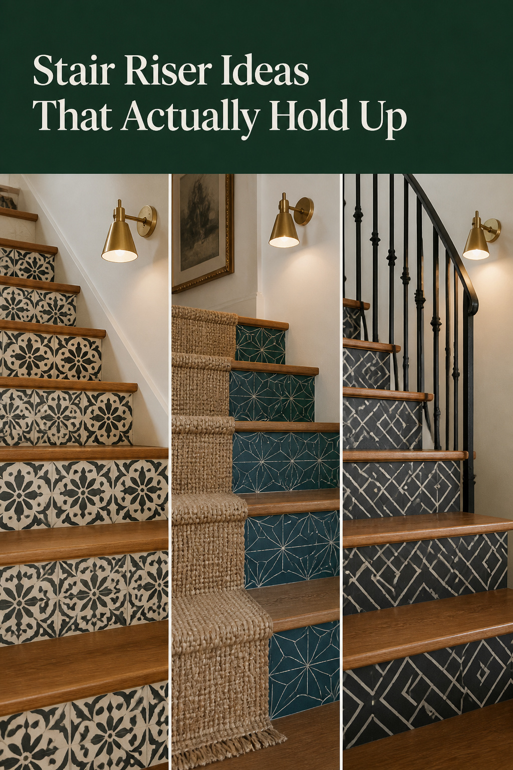 Pinterest pin collage of three stair riser treatments: peel-and-stick tile-look decals, wallpapered risers, and stencilled geometric risers