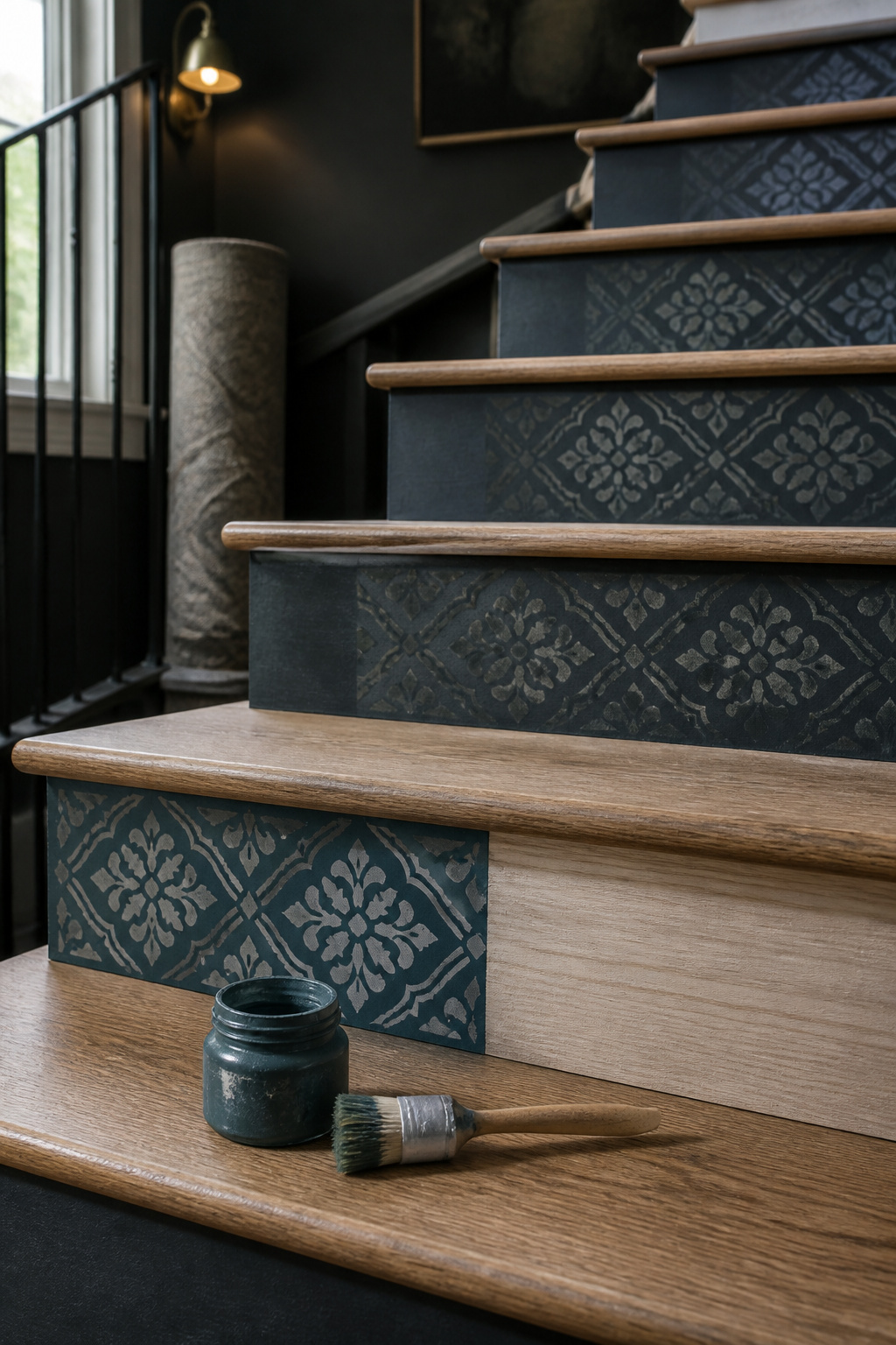 Staircase with deep blue-green stencilled pattern risers mid-project next to natural oak treads, stencil brush on the bottom step