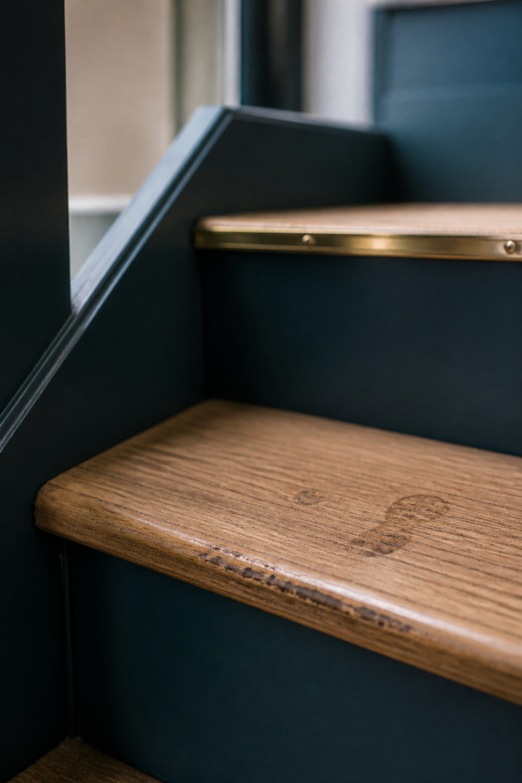 Close-up of a worn natural oak stair tread next to an unmarked deep blue-green painted riser, showing the difference in wear