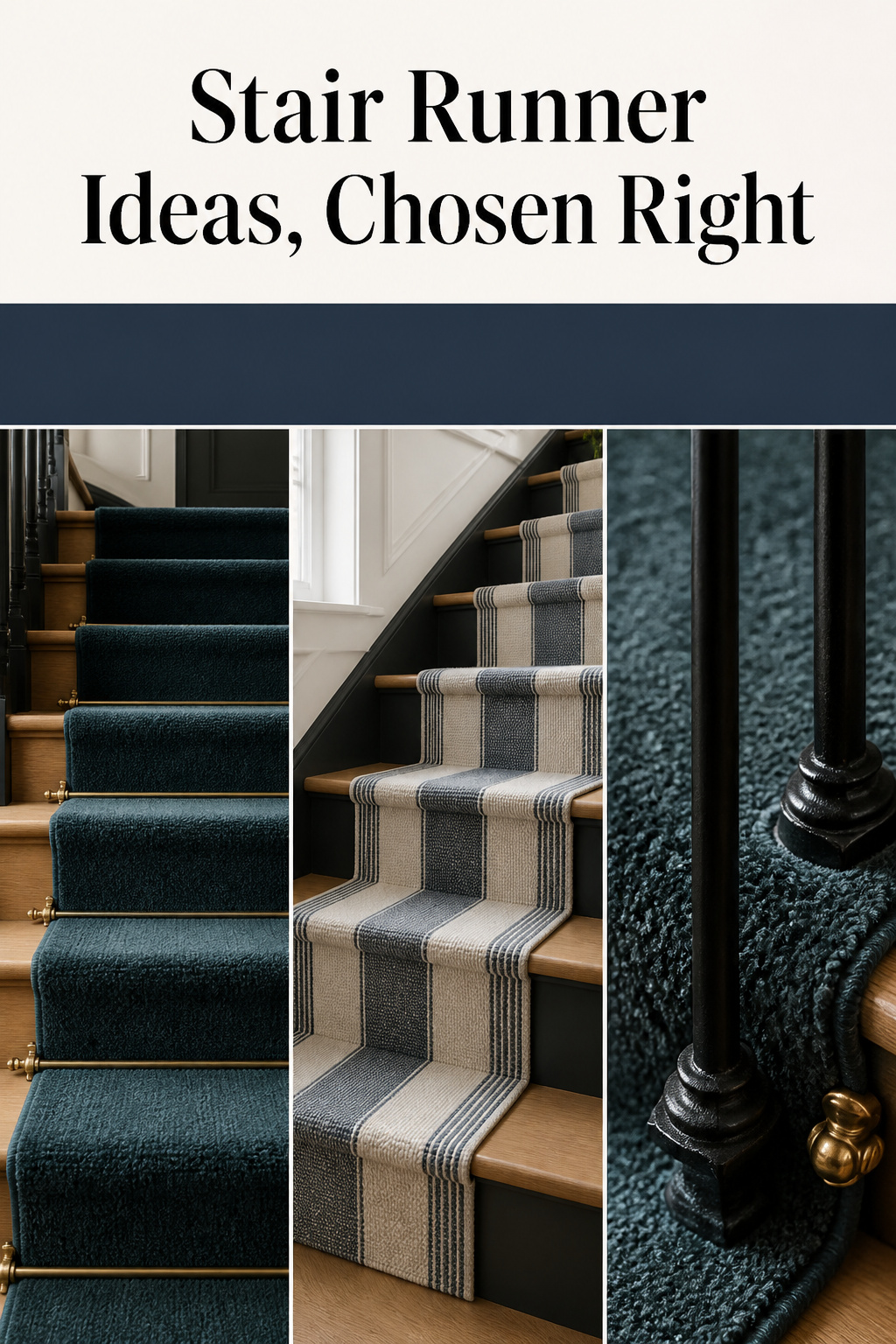 Three-panel collage of stair runner ideas showing wool pile, flatweave stripe, and brass rod detail on staircases
