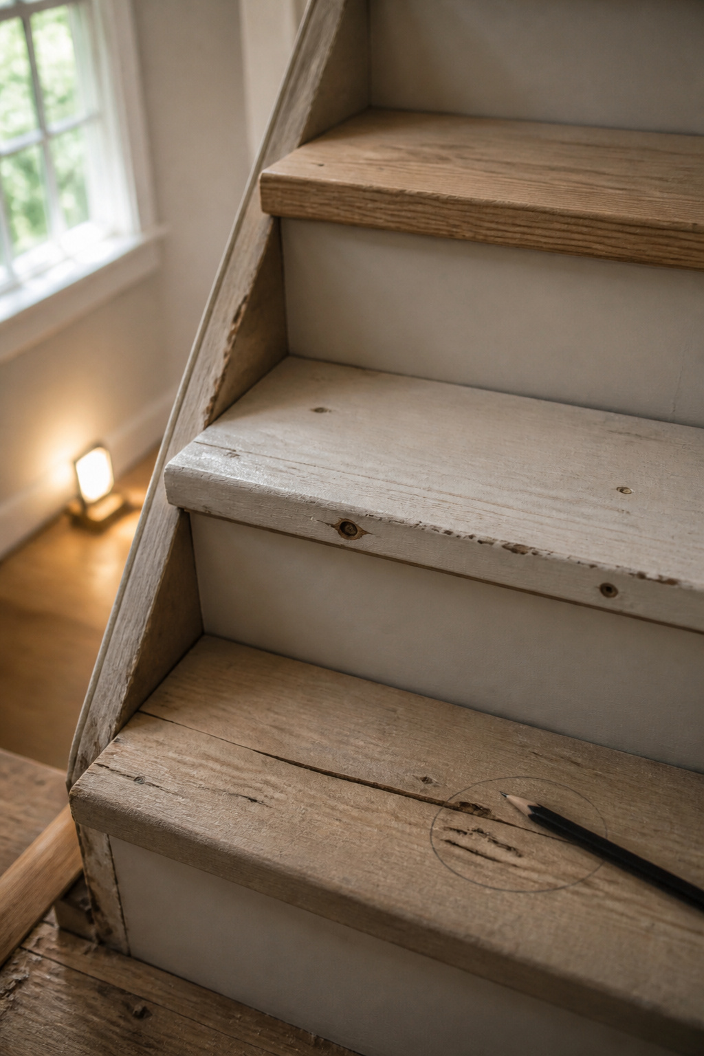 Three stripped stair treads side by side showing refinishable oak, paint-grade pine, and a cracked tread needing replacement