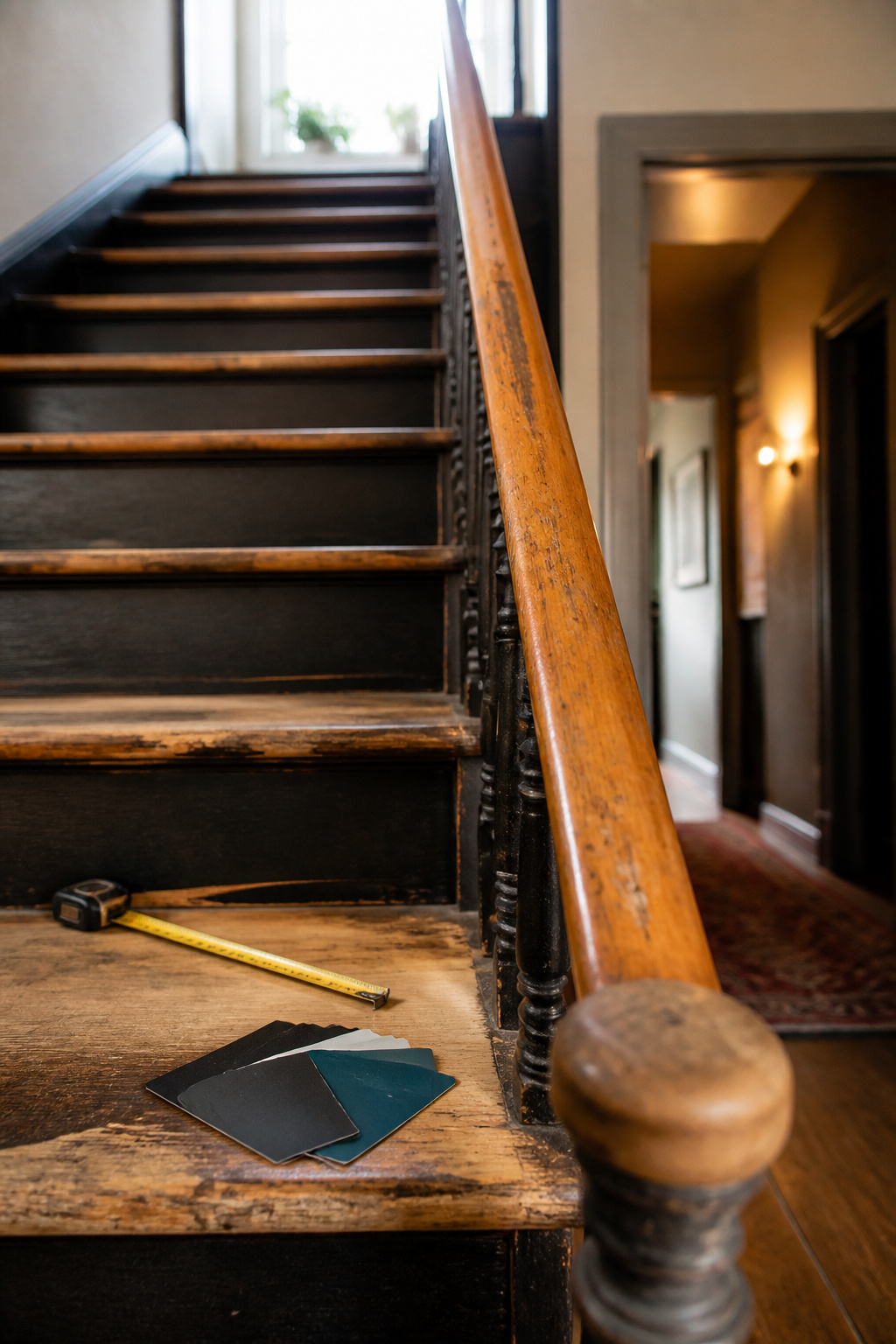 Worn wood stair tread and orange-toned handrail with a tape measure and charcoal paint swatches laid out for a staircase makeover decision