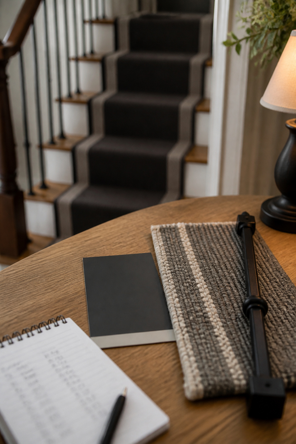 Flat-lay of staircase makeover materials including a charcoal paint swatch, wool runner sample, and black iron baluster on an oak tread