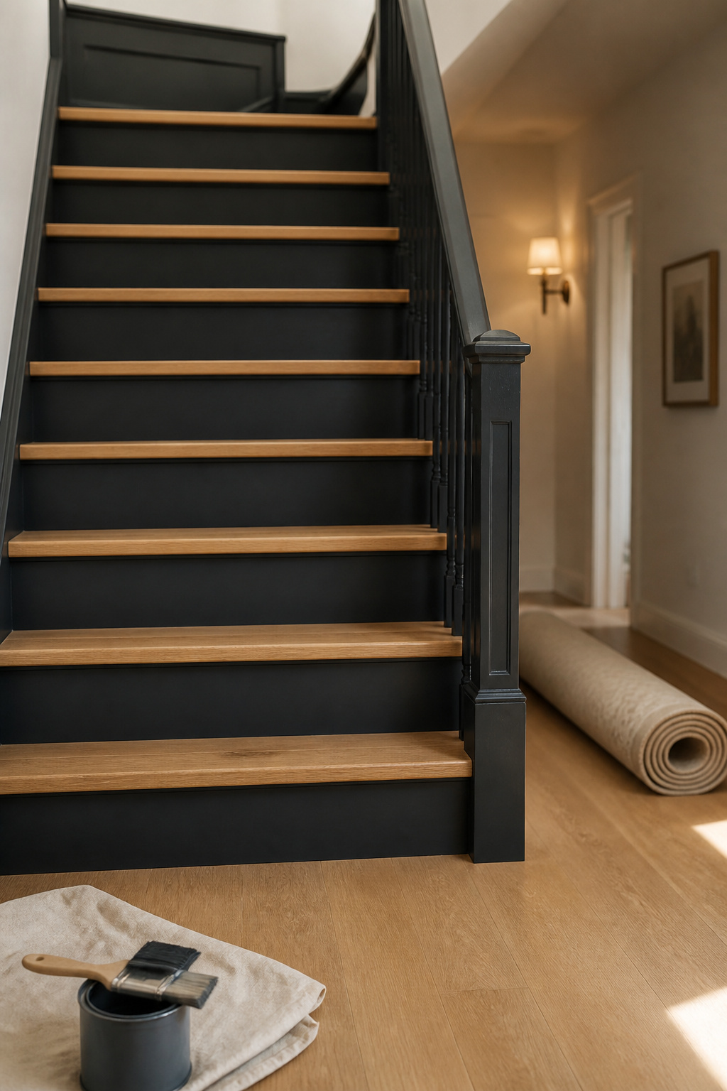 Staircase with charcoal-painted risers and natural oak treads mid-makeover, paint can and rolled runner waiting nearby