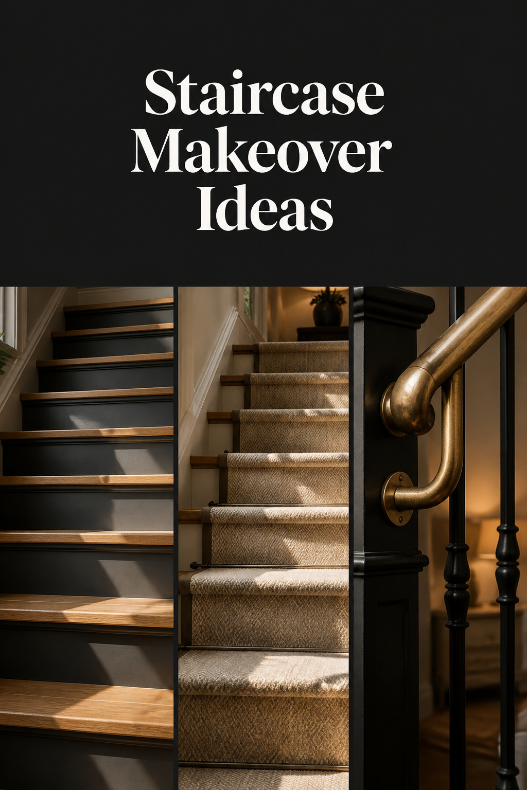 Pinterest collage of staircase makeover ideas showing painted risers, a wool stair runner, and black iron balusters
