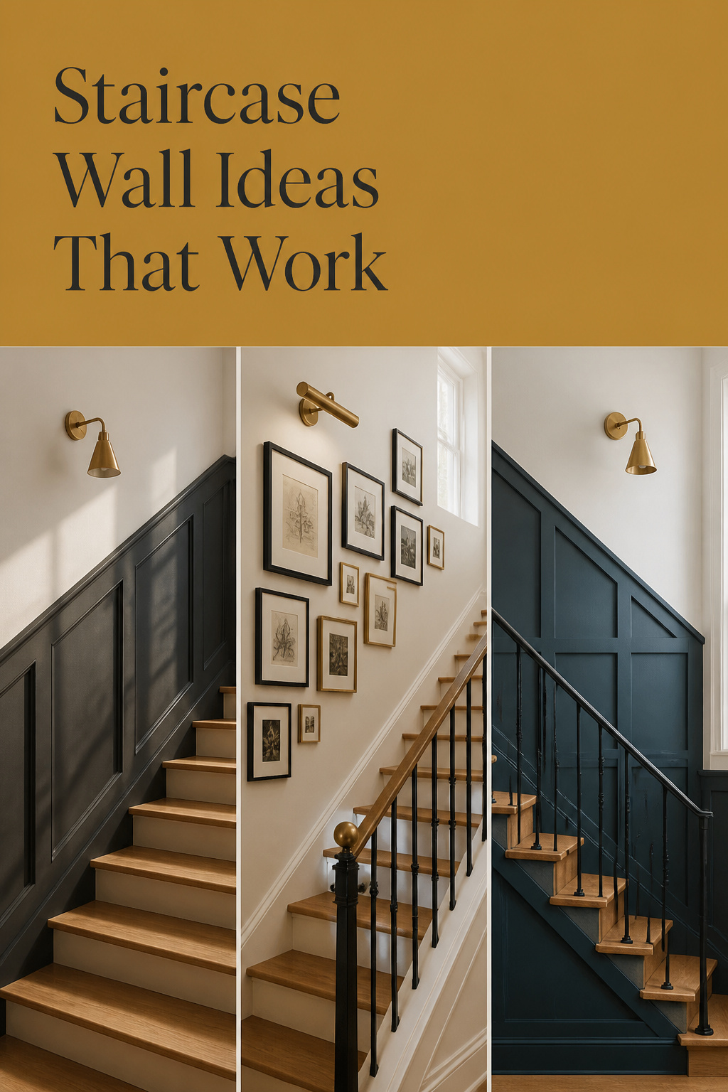 Pinterest collage of three staircase wall treatments: charcoal panelling, a diagonal gallery wall, and deep blue-green flat panels