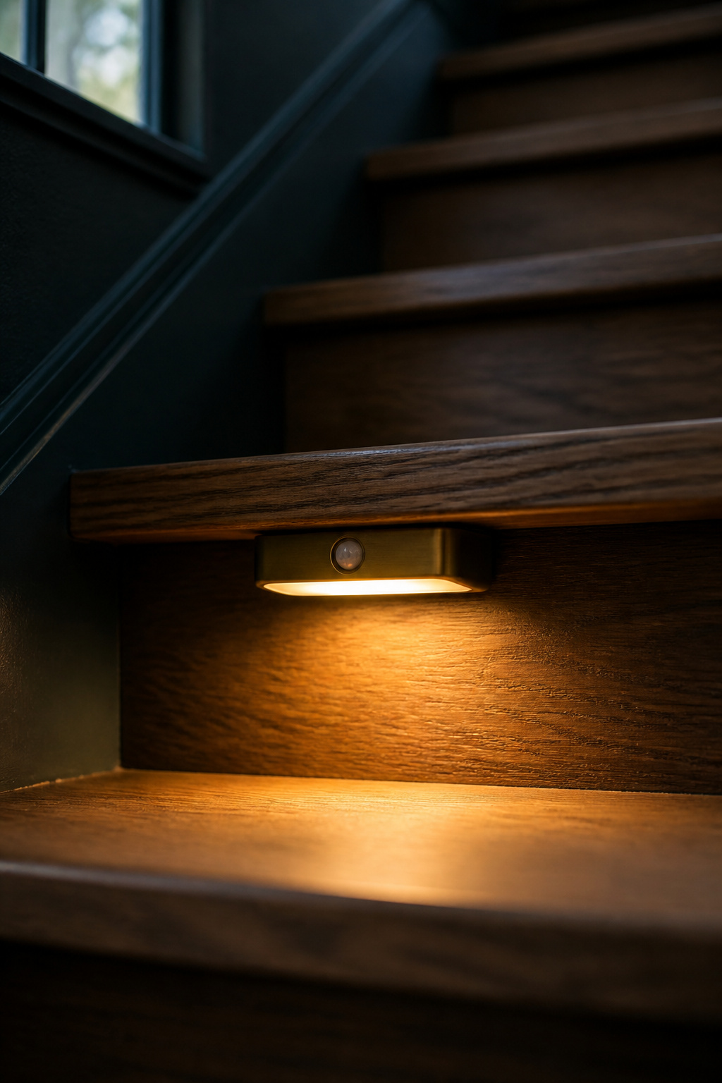 Small battery-powered stick-on step light glowing under the nosing of an oak stair tread