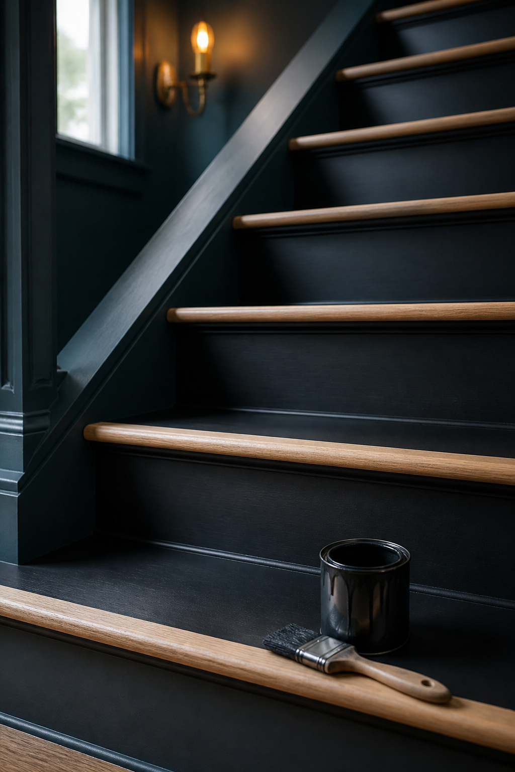 Stair treads painted inky charcoal with a pale contrast nosing strip along each step edge for visibility