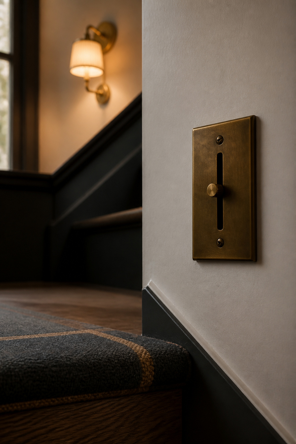 Aged brass dimmer switch plate on a stairway wall with a warm sconce glowing further up the stairwell