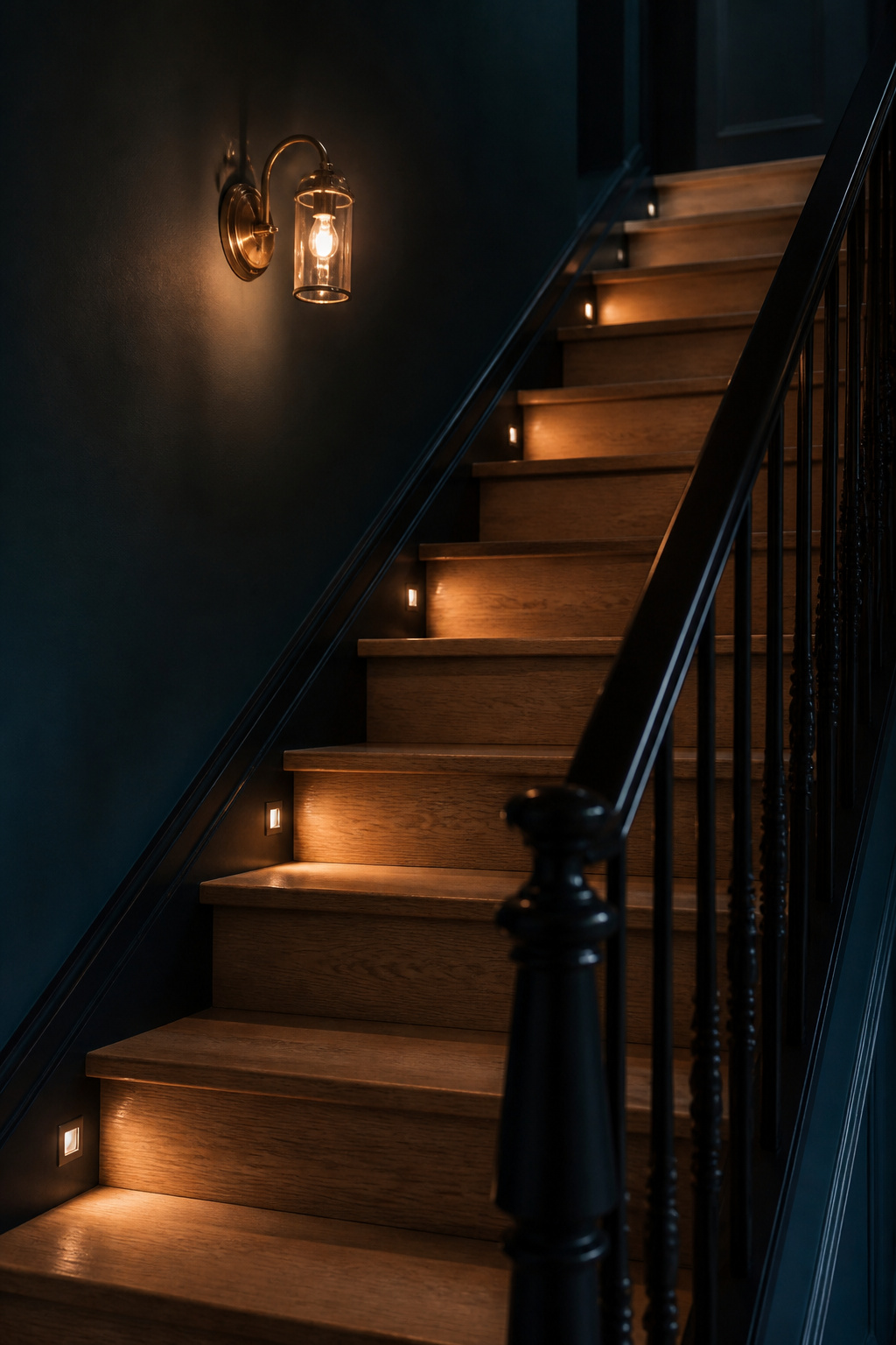 Staircase at dusk lit by a warm brass wall sconce and small step lights glowing under each oak tread against a deep blue-green wall