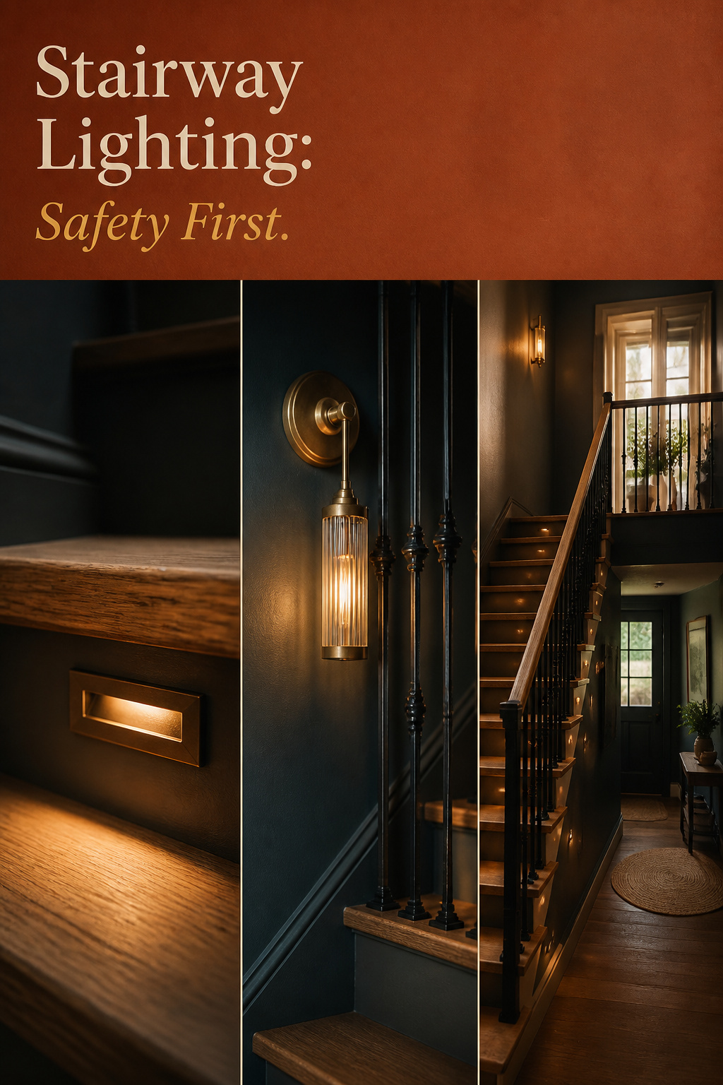 Pinterest pin collage of stairway lighting ideas showing a step light, a brass wall sconce, and a fully lit staircase with a warm terracotta text band
