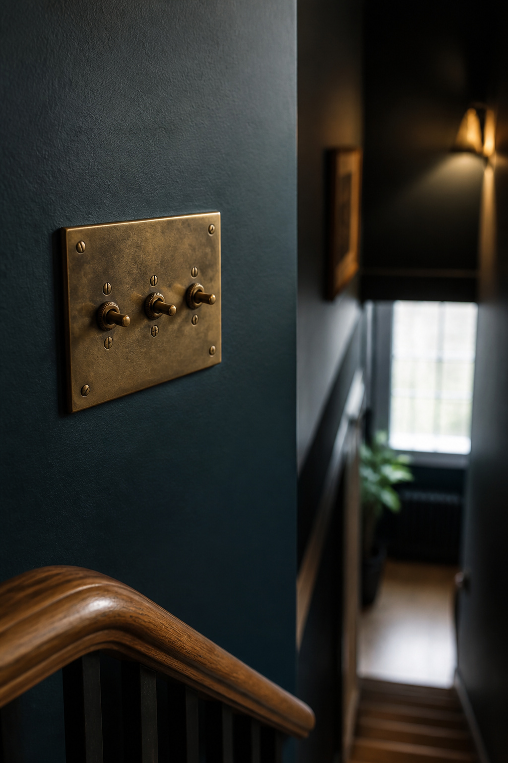 Aged brass switch plate mounted on a deep blue-green wall at the top stairway landing, with the handrail and stairwell in the background