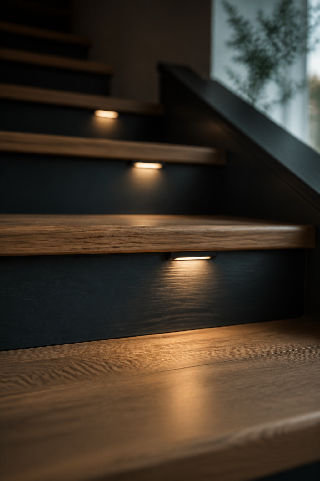 Row of natural oak stair treads each lit by a small recessed step light glowing along the stringer beneath the nosing