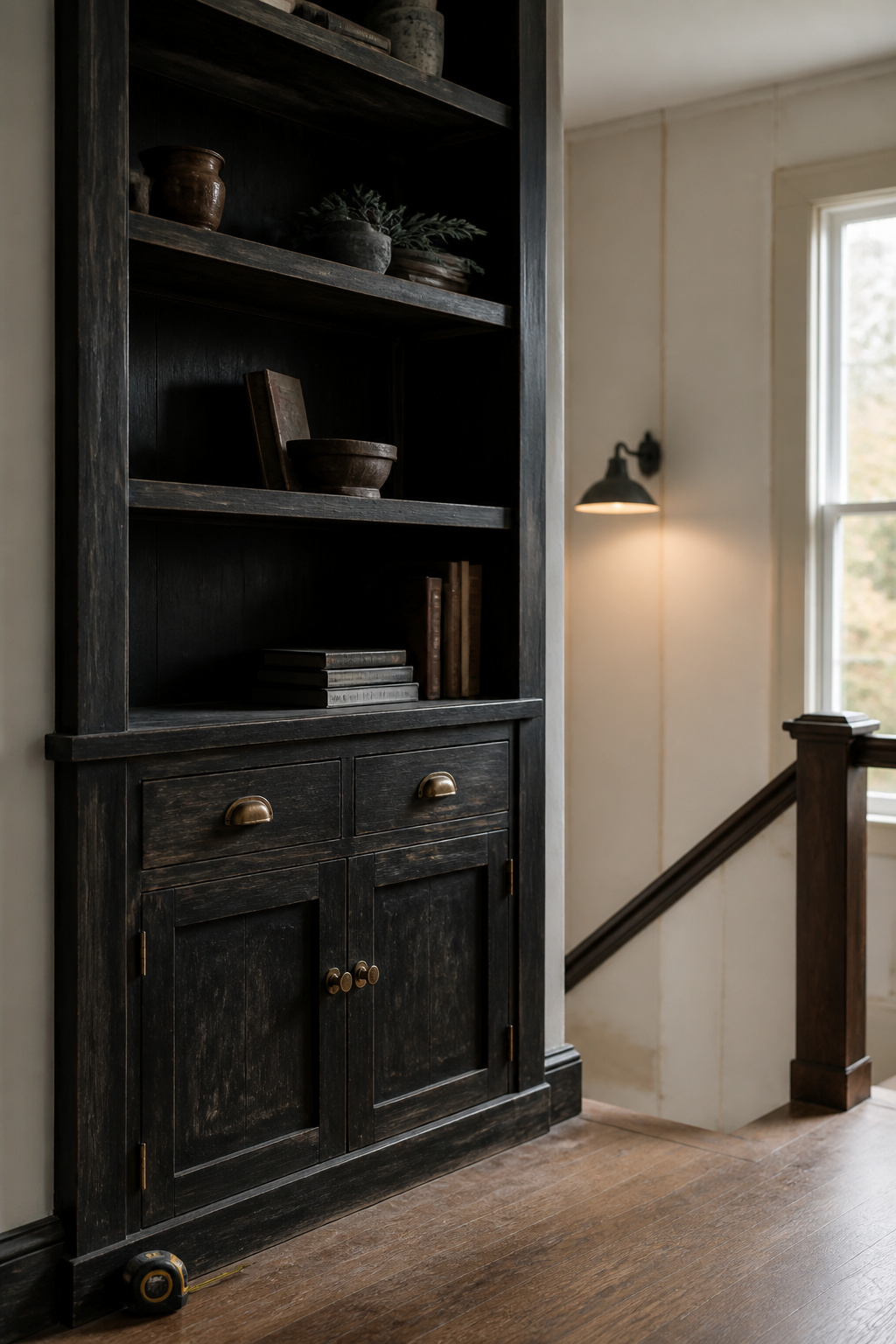 Original 1890s stair-landing built-in shelving being assessed before a wall panelling decision