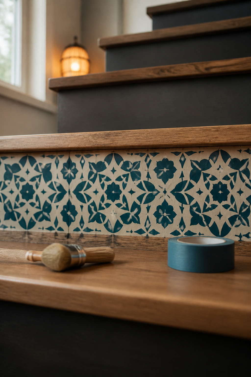 Stair riser stenciled with a deep blue-green Moroccan tile pattern between plain charcoal risers on the same staircase