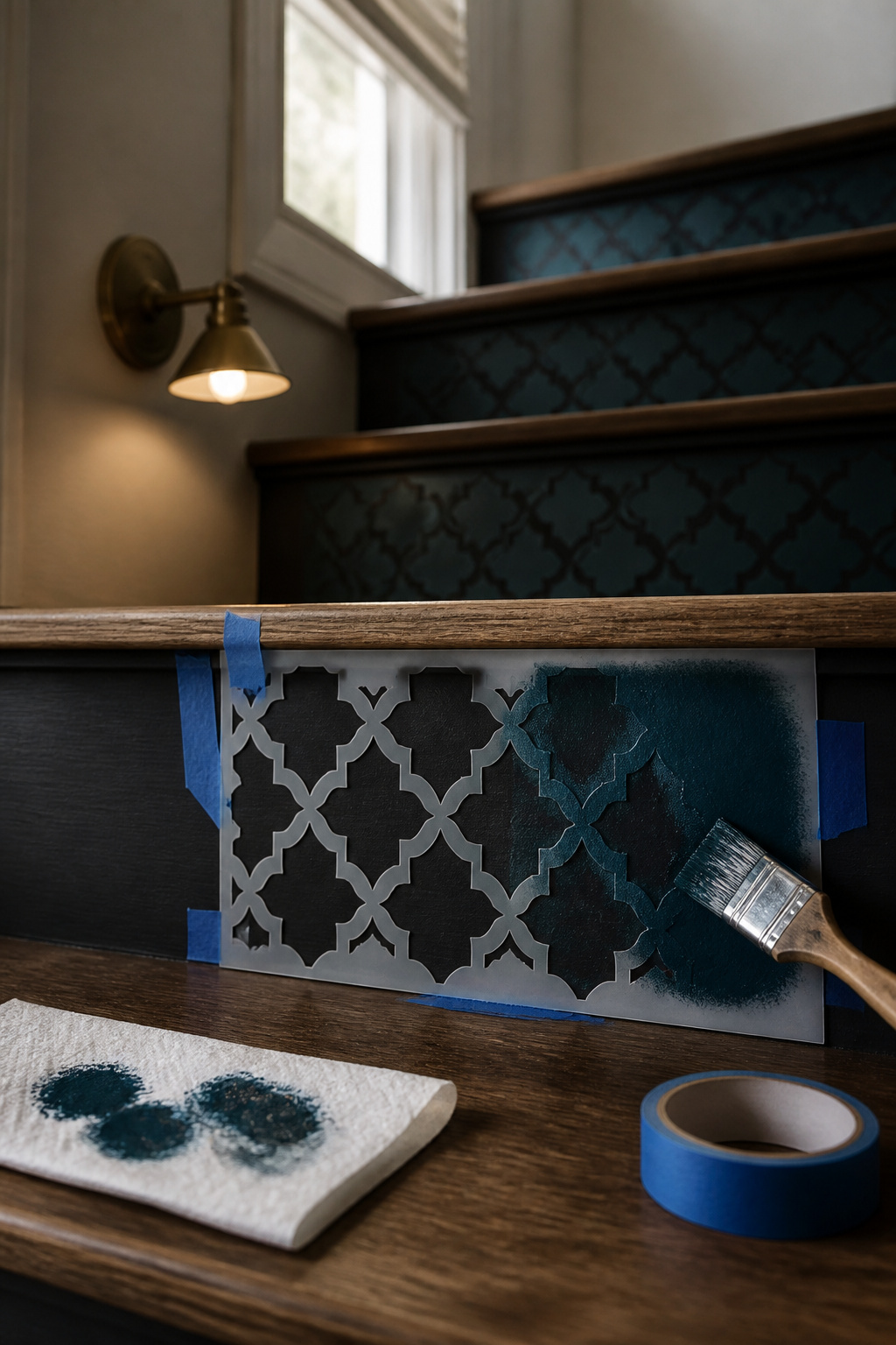 Reusable stencil taped to a charcoal-primed stair riser with a stencil brush applying deep blue-green paint