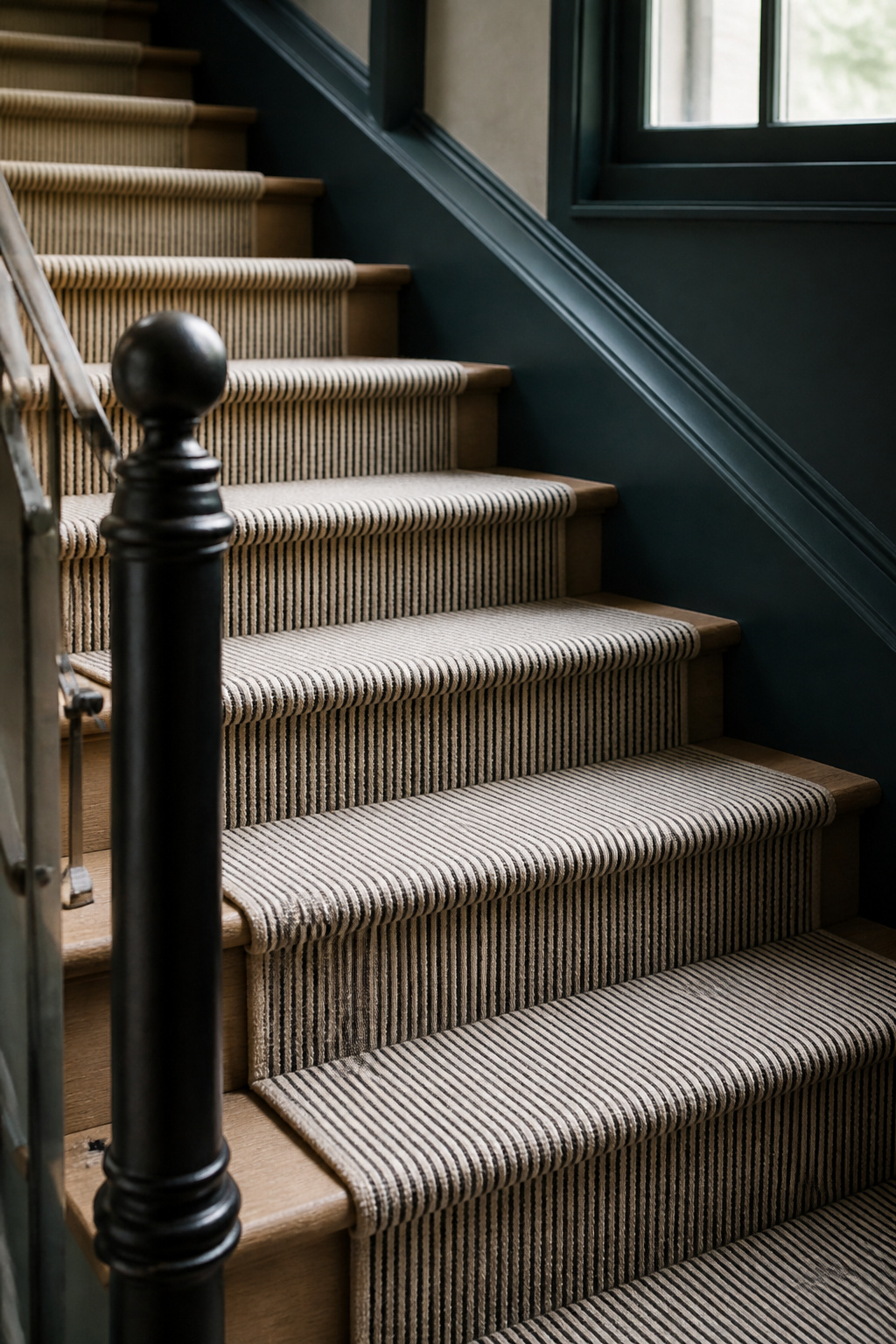 Narrow-stripe wool stair runner ascending a staircase with a deep blue-green painted stringer and black iron newel post