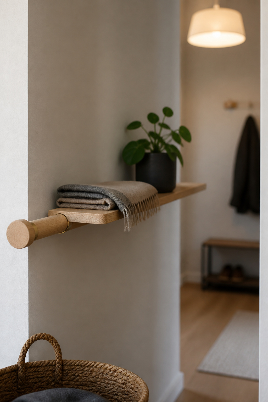 Light-oak tension rod wedged in a narrow entry nook fitted with a slim shelf holding folded scarves and a small plant