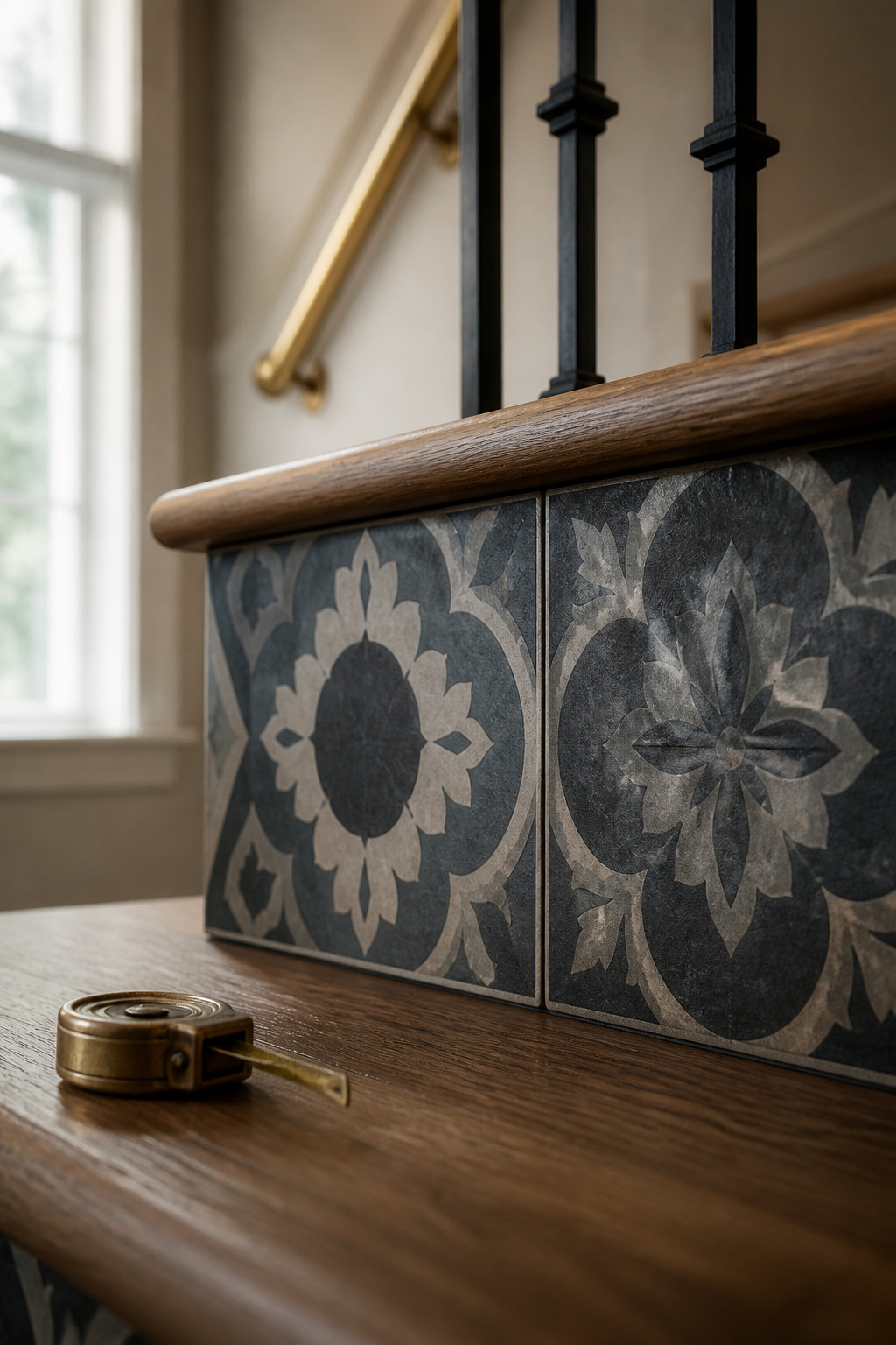 Stair riser finished in encaustic cement-tile-look peel and stick vinyl strip with a clean grout-line seam