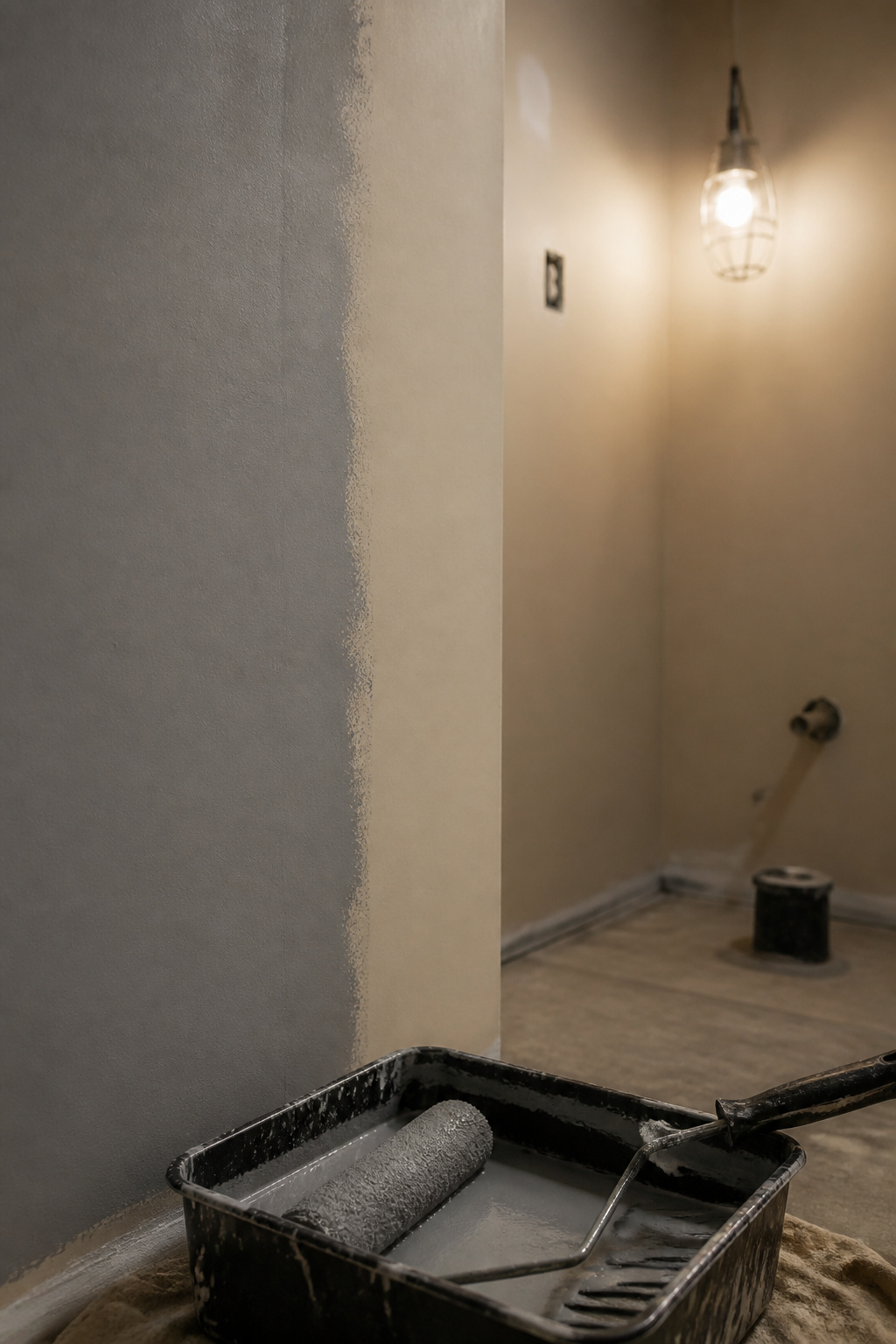 Grey-tinted undercoat rolled over pale builder-beige paint on a powder room wall with a paint tray and roller