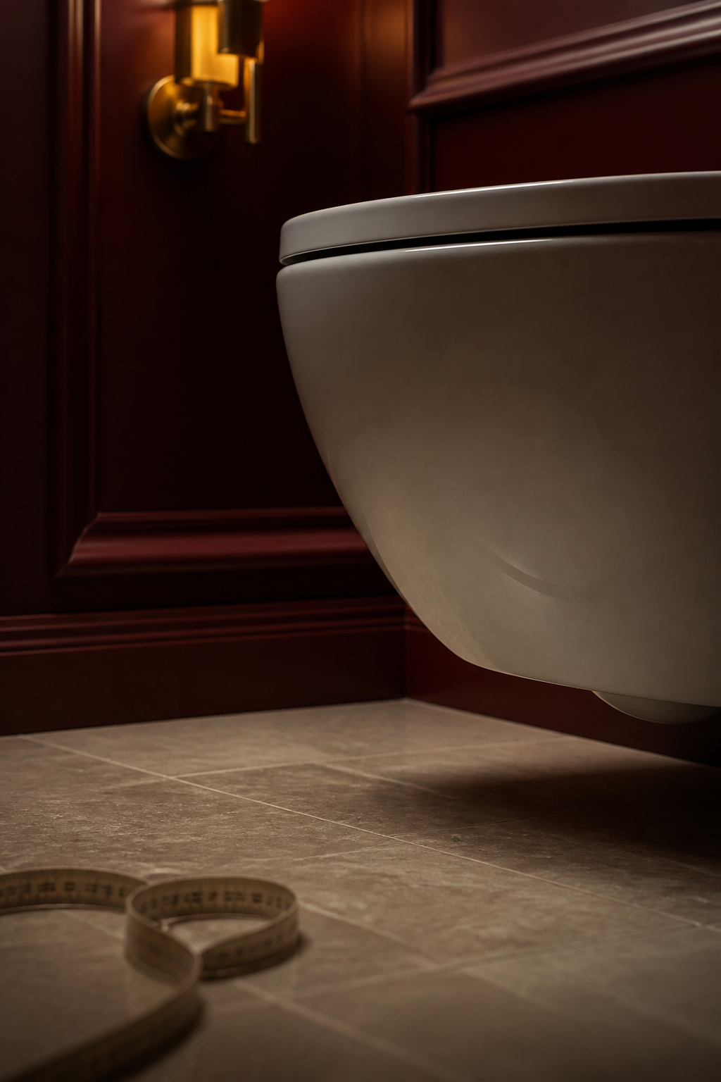 Clear floor space and honed stone tile at the base of a wall-hung toilet with a tape measure resting nearby