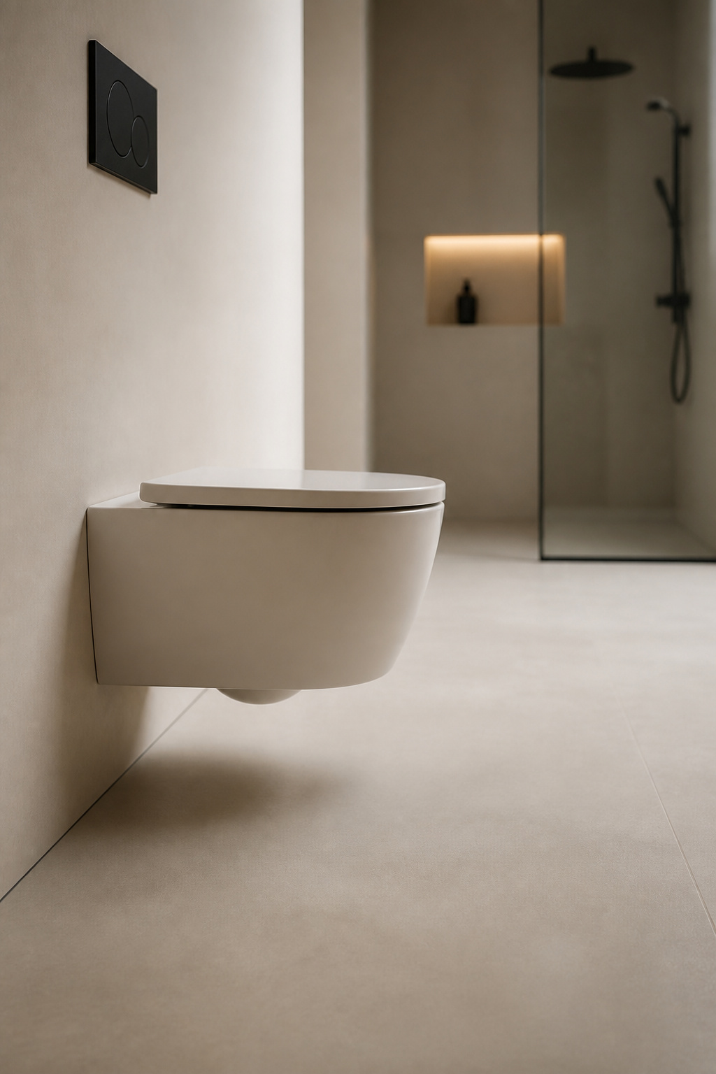 Wall-hung toilet against a seamless microcement wall with visible clear floor space on either side