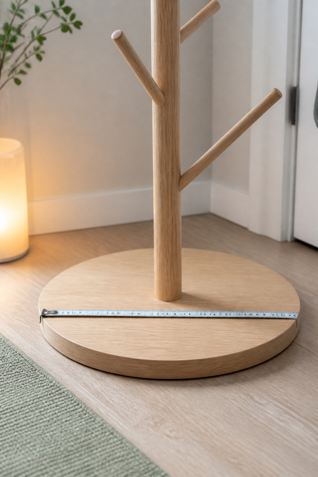 Tape measure laid across the circular base of a light oak freestanding coat rack to check its stability footprint