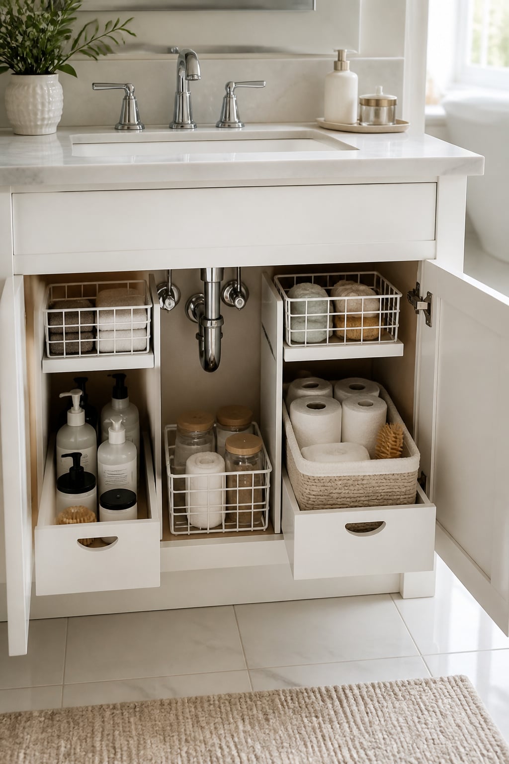 Open bathroom vanity cabinet with pull-out bins on each side of the P-trap, small baskets and rolled towels organised inside
