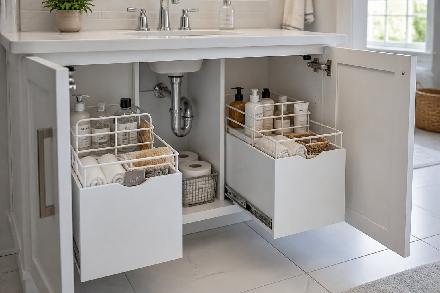 Open bathroom vanity cabinet with pull-out bins on each side of the P-trap, small baskets and rolled towels organised inside