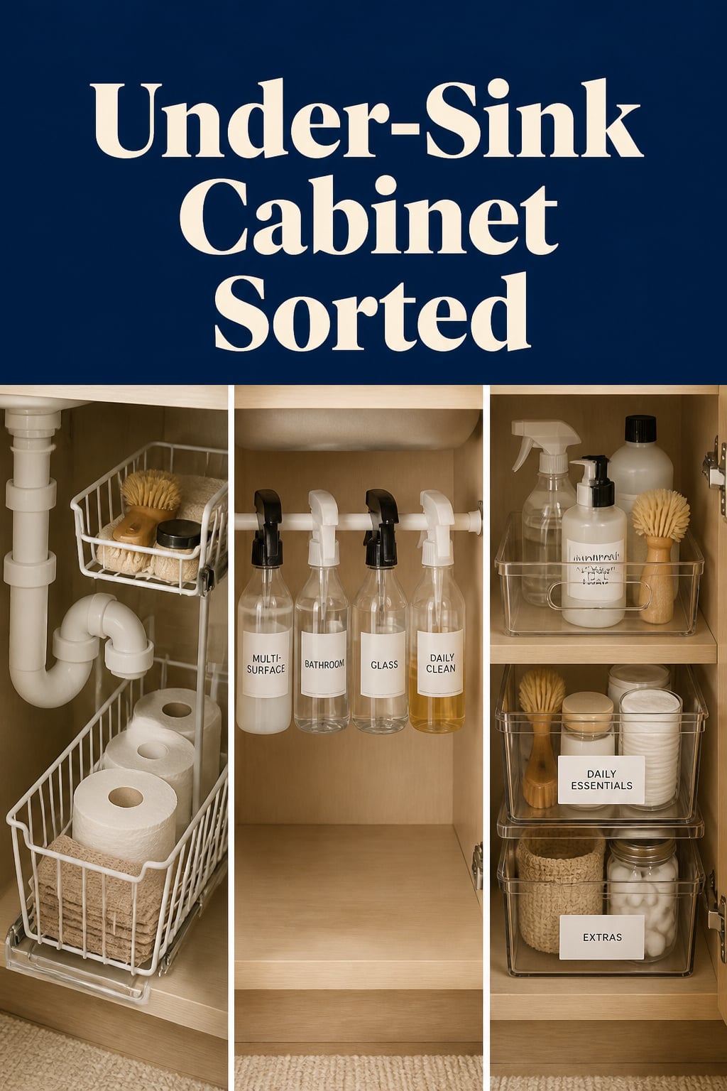 Three-panel Pinterest image showing pull-out bin around P-trap, tension rod with hanging spray bottles, and zoned under-sink bins